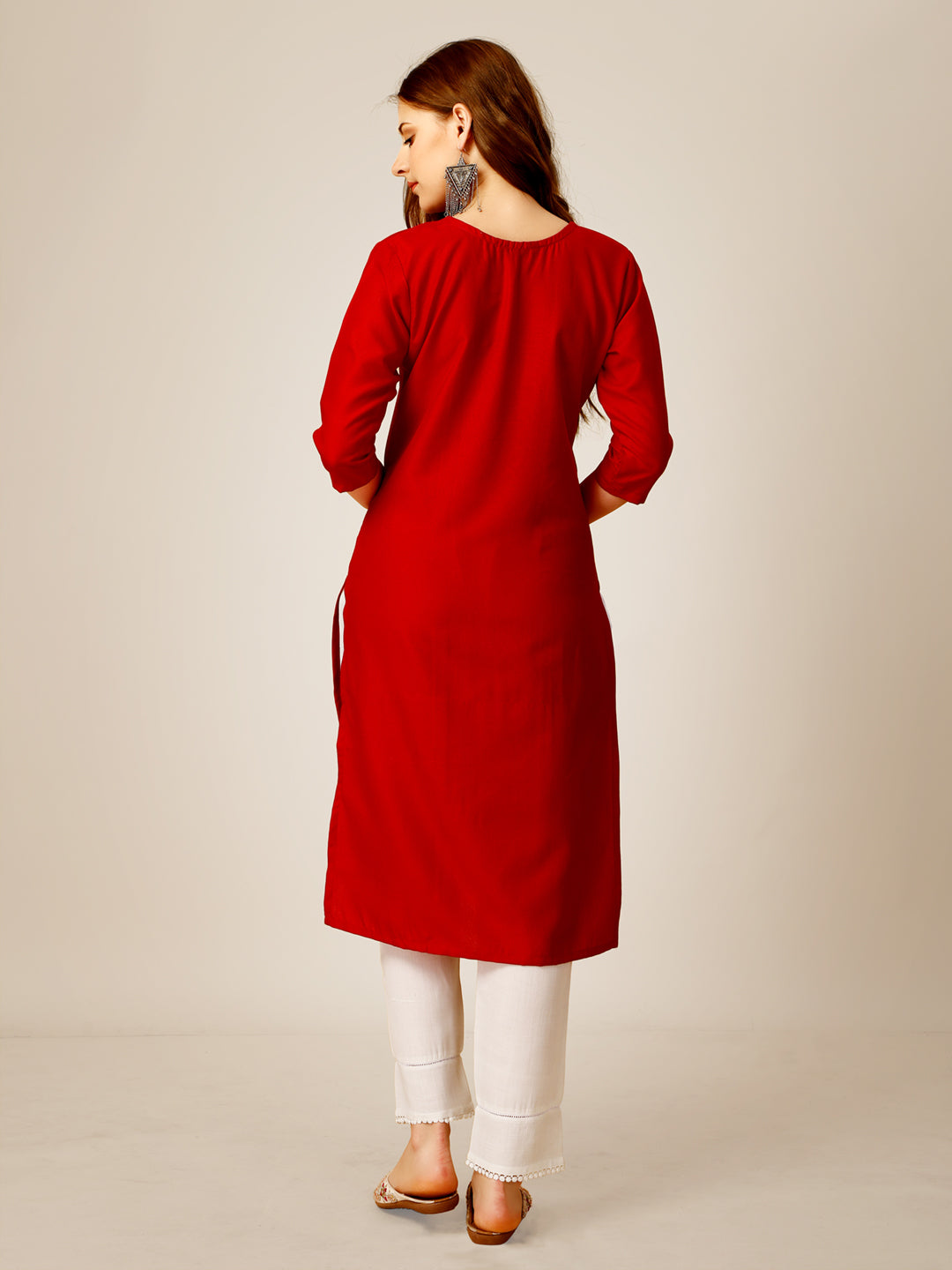 Embroidered Red Cotton Kurta Pant Sets For Women