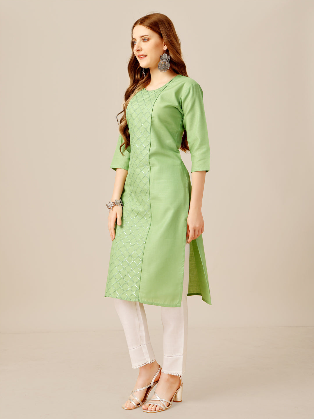 Embroidered Lime Green Cotton Kurta Sets For Women