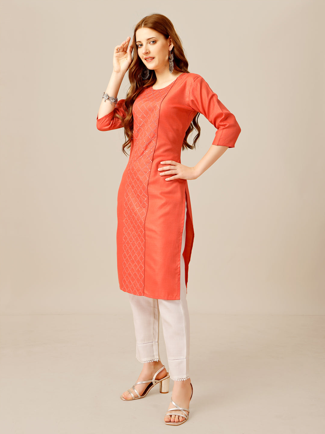 Embroidered Orange Cotton Kurta Sets For Women