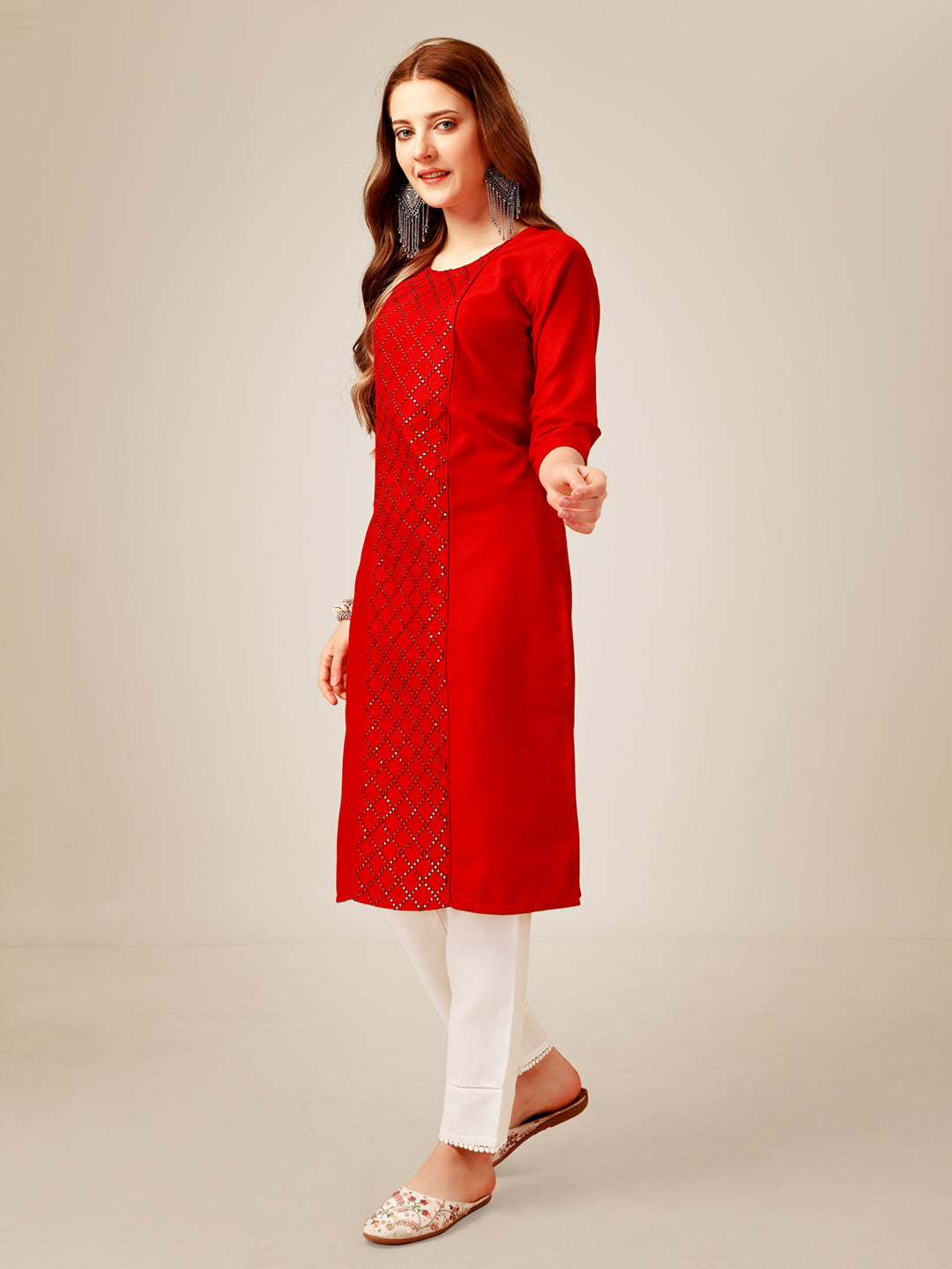 Embroidered Red Cotton Kurta Pant Sets For Women