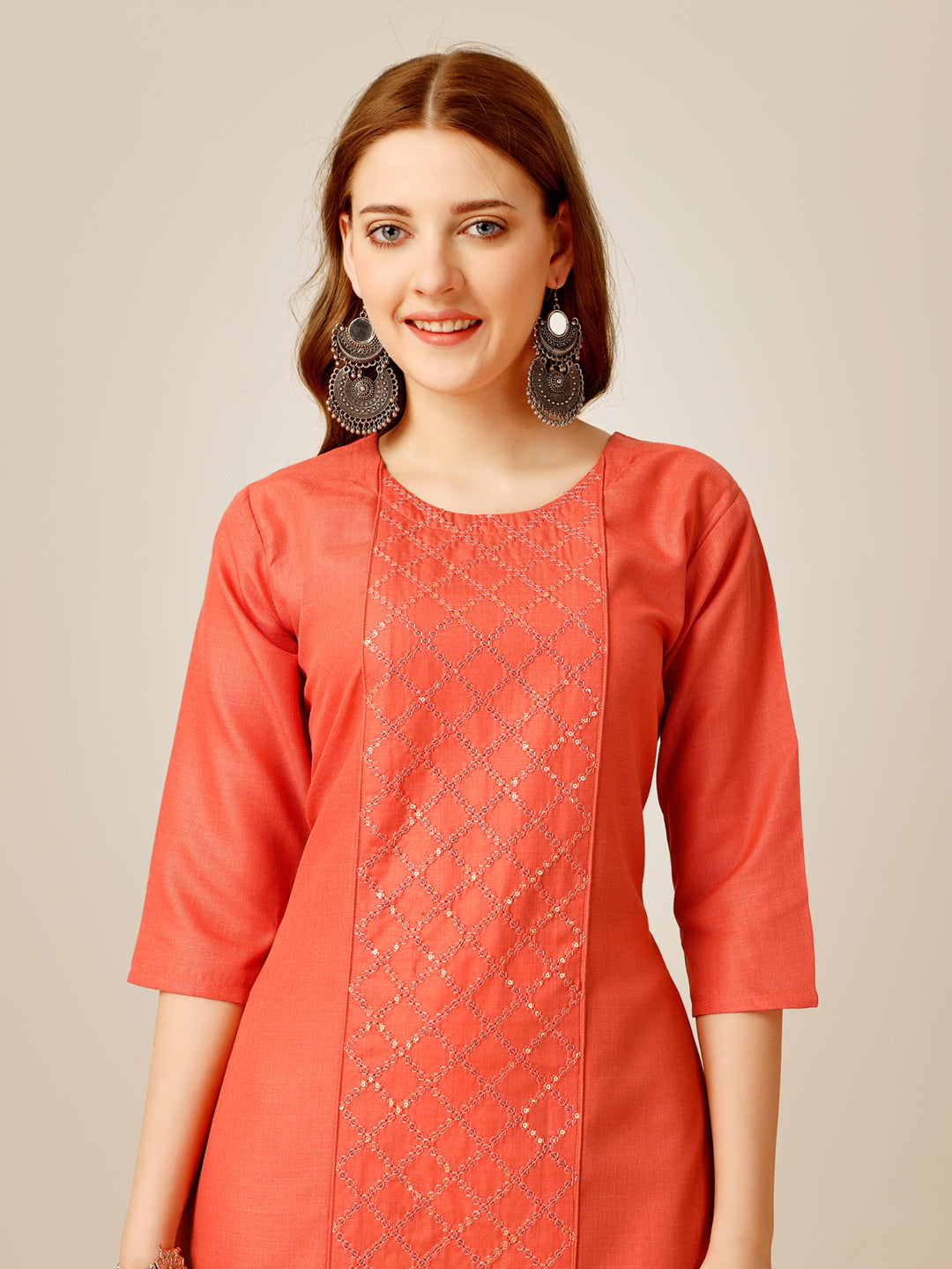 Embroidered Orange Cotton Kurta Sets For Women