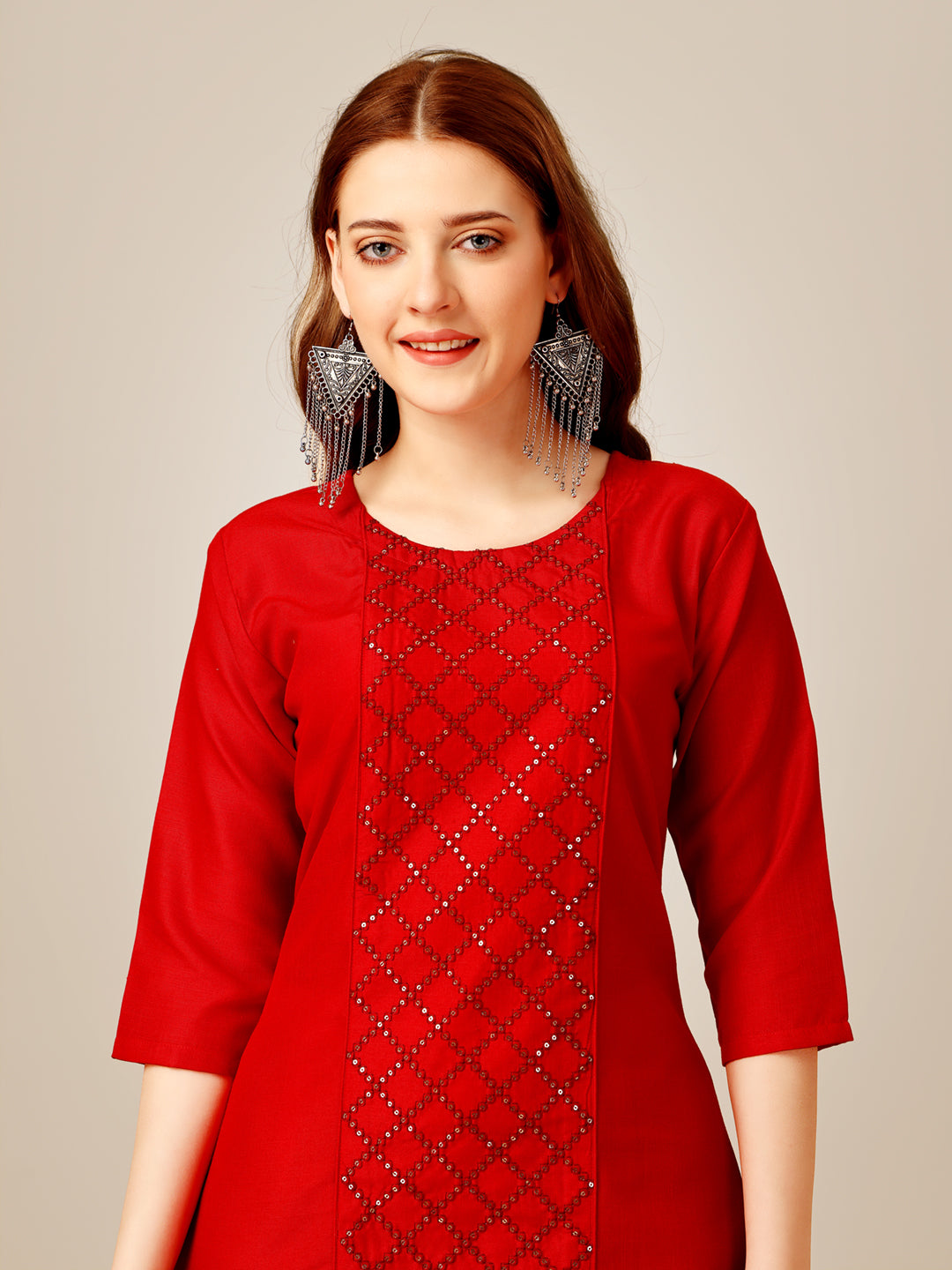 Embroidered Red Cotton Kurta Pant Sets For Women