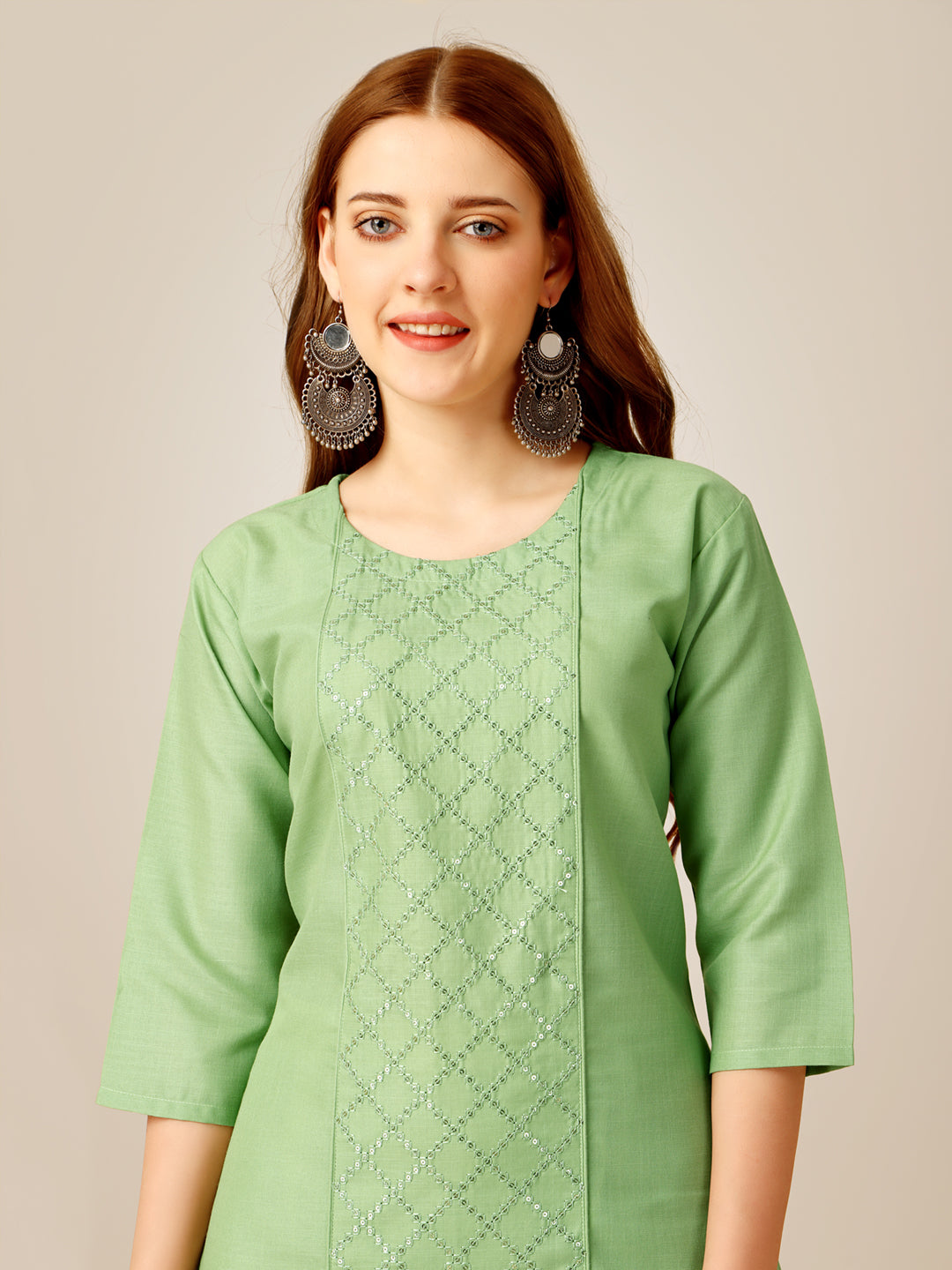 Embroidered Lime Green Cotton Kurta Sets For Women