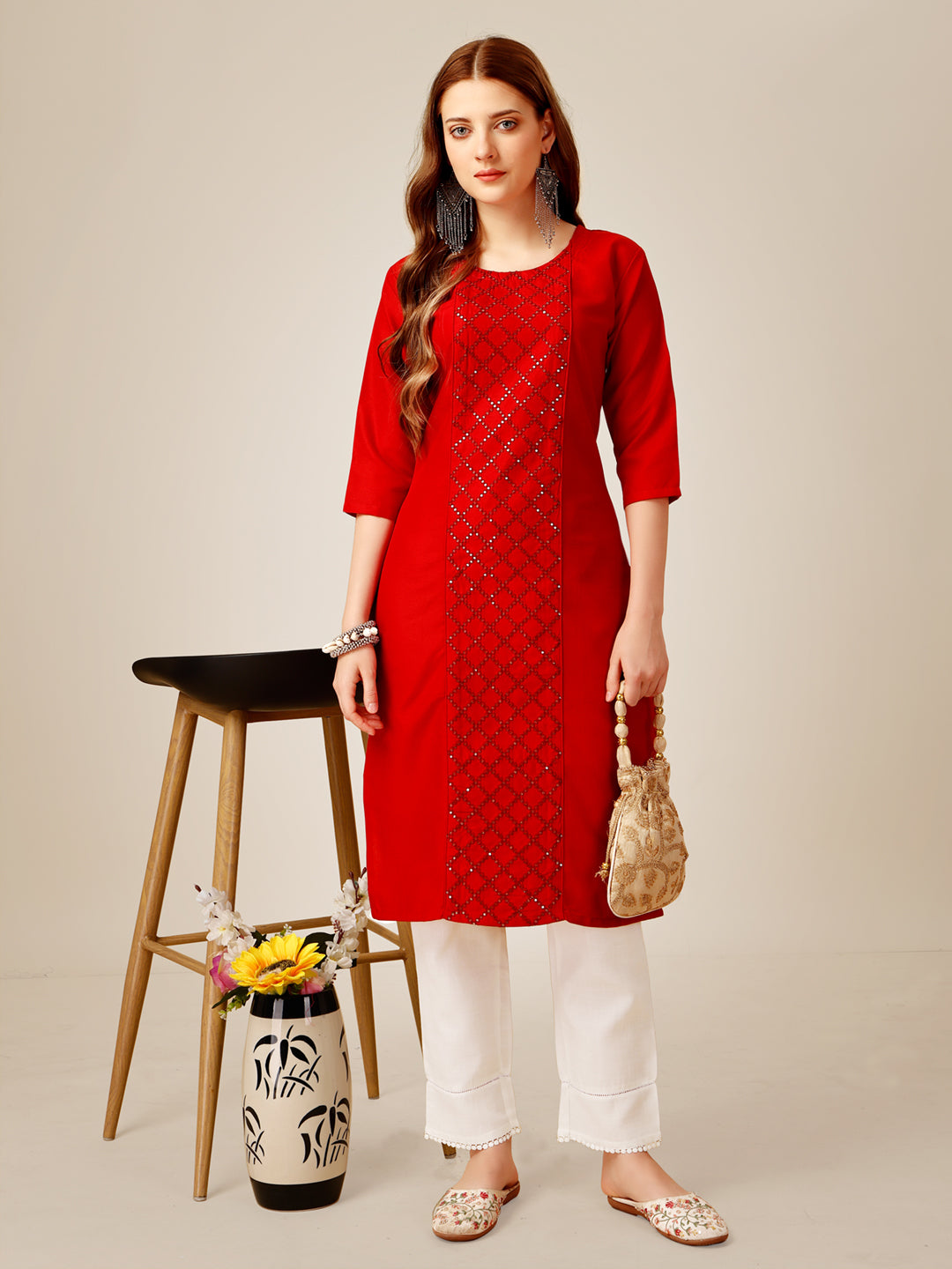 Embroidered Red Cotton Kurta Pant Sets For Women