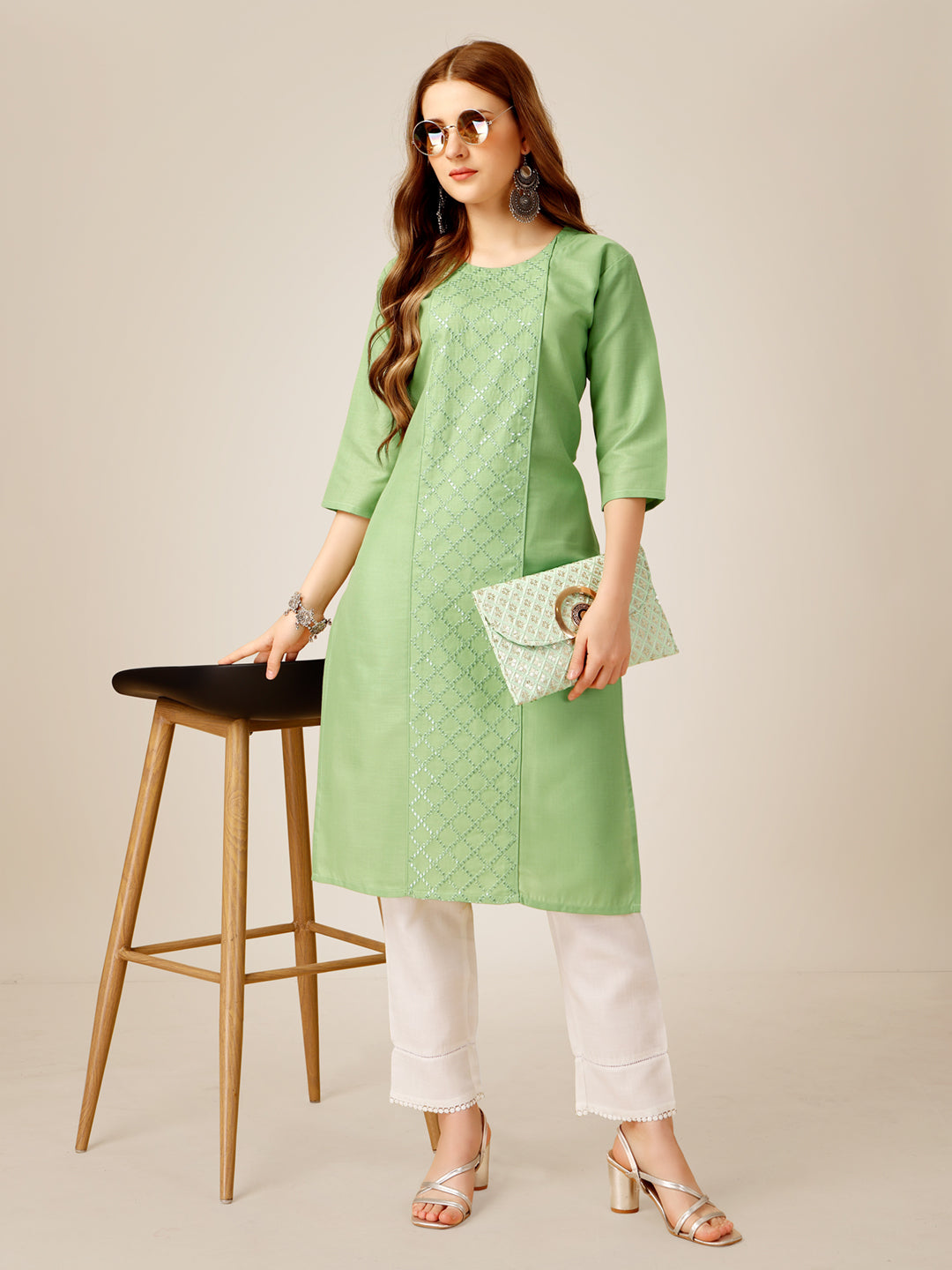 Embroidered Lime Green Cotton Kurta Sets For Women