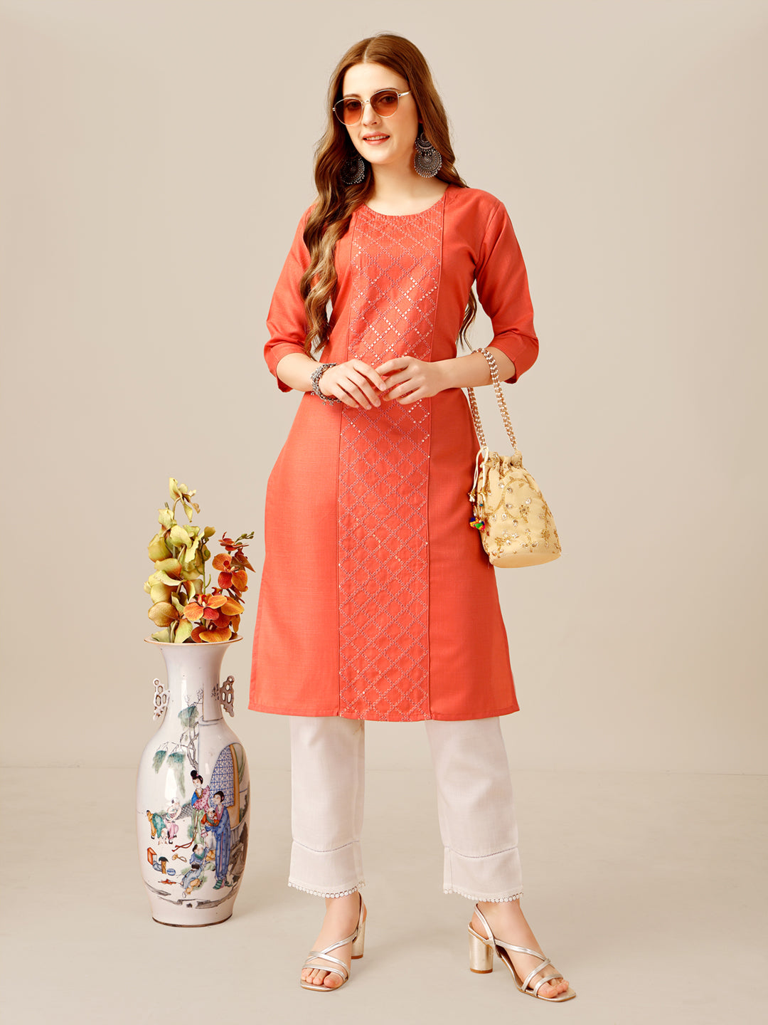 Embroidered Orange Cotton Kurta Sets For Women