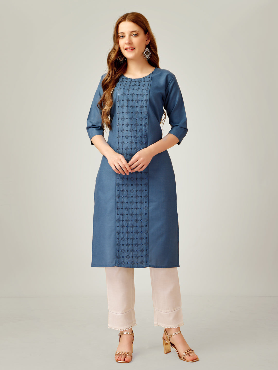 Embroidered Denim Blue Cotton Kurta Sets For Women