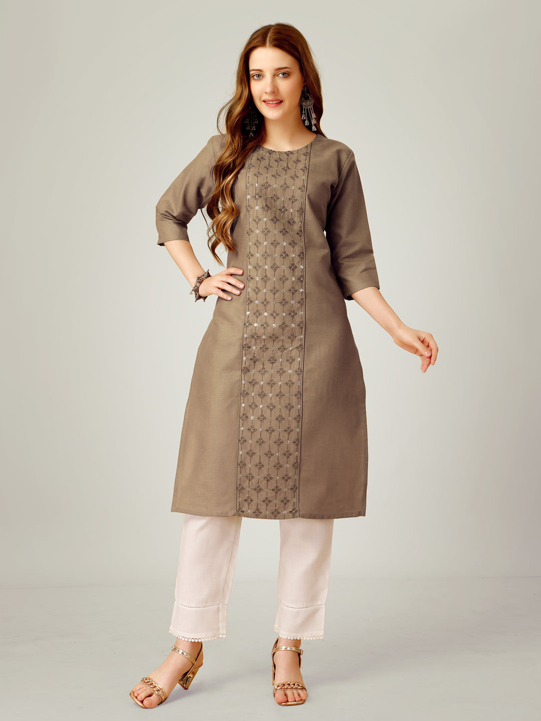 Embroidered Khaki Cotton Kurti Pant Sets For Women