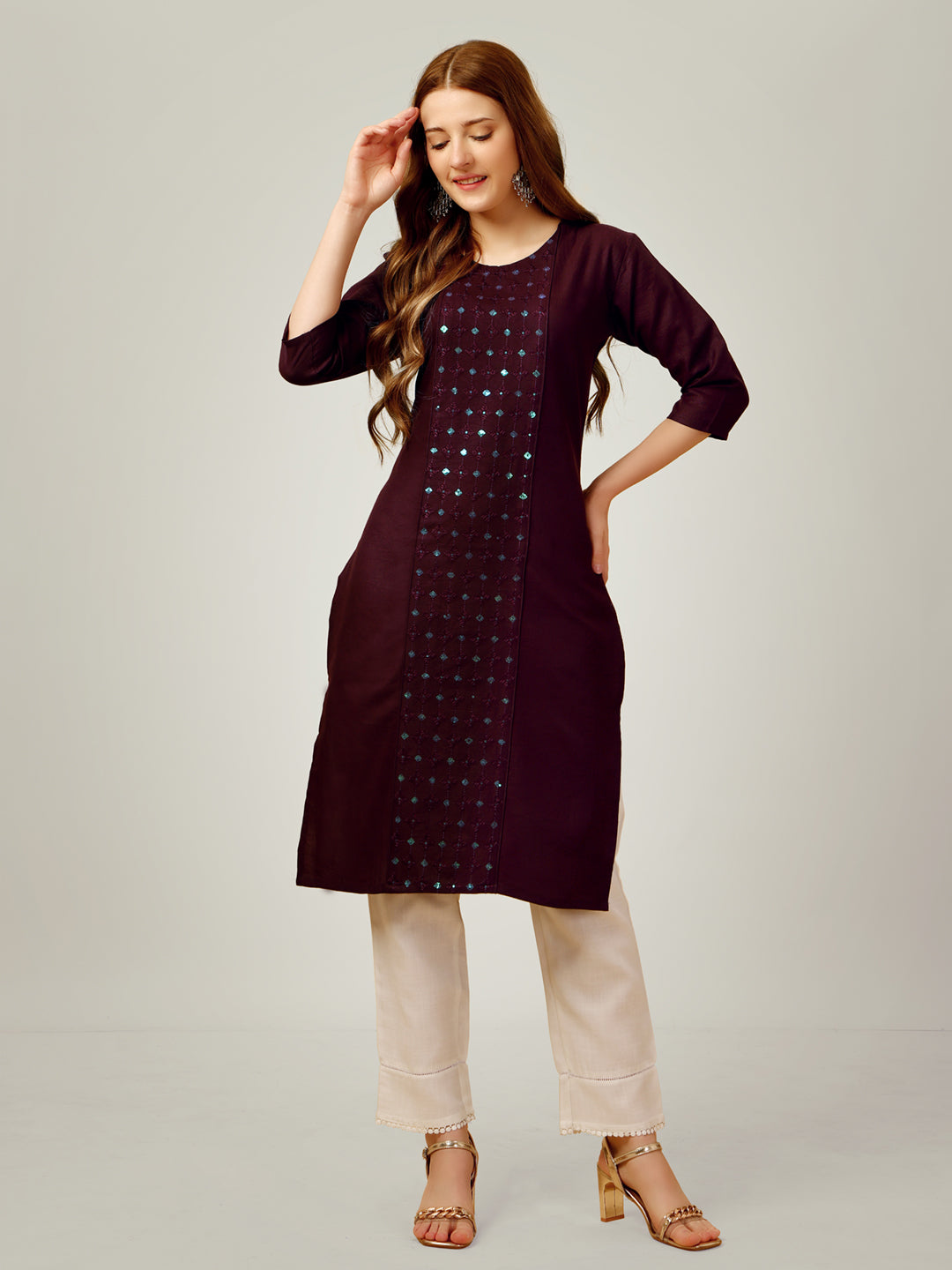 Embroidered Purple Cotton Kurta Sets For Women