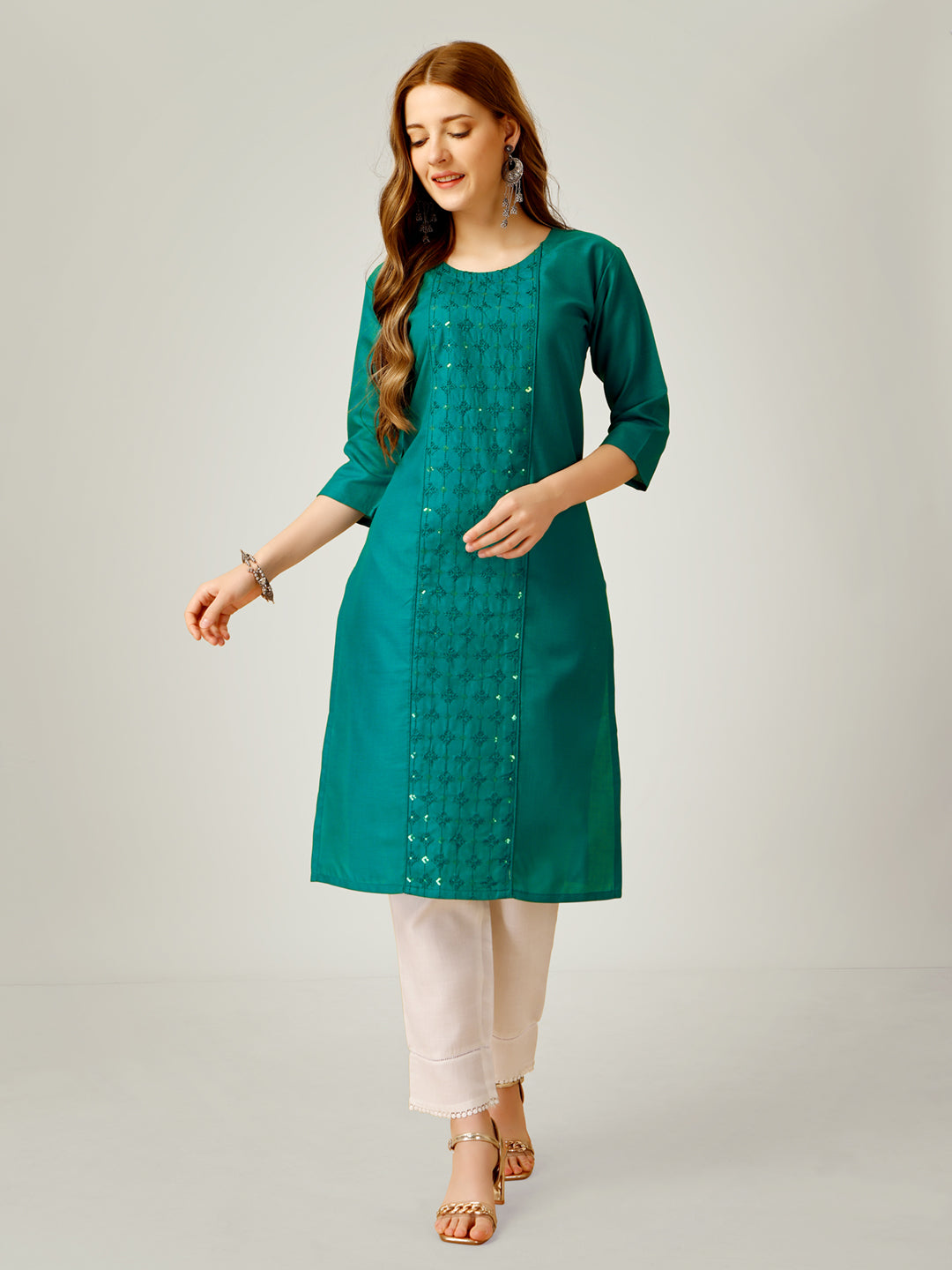 Embroidered Light Green Cotton Kurta Sets For Women