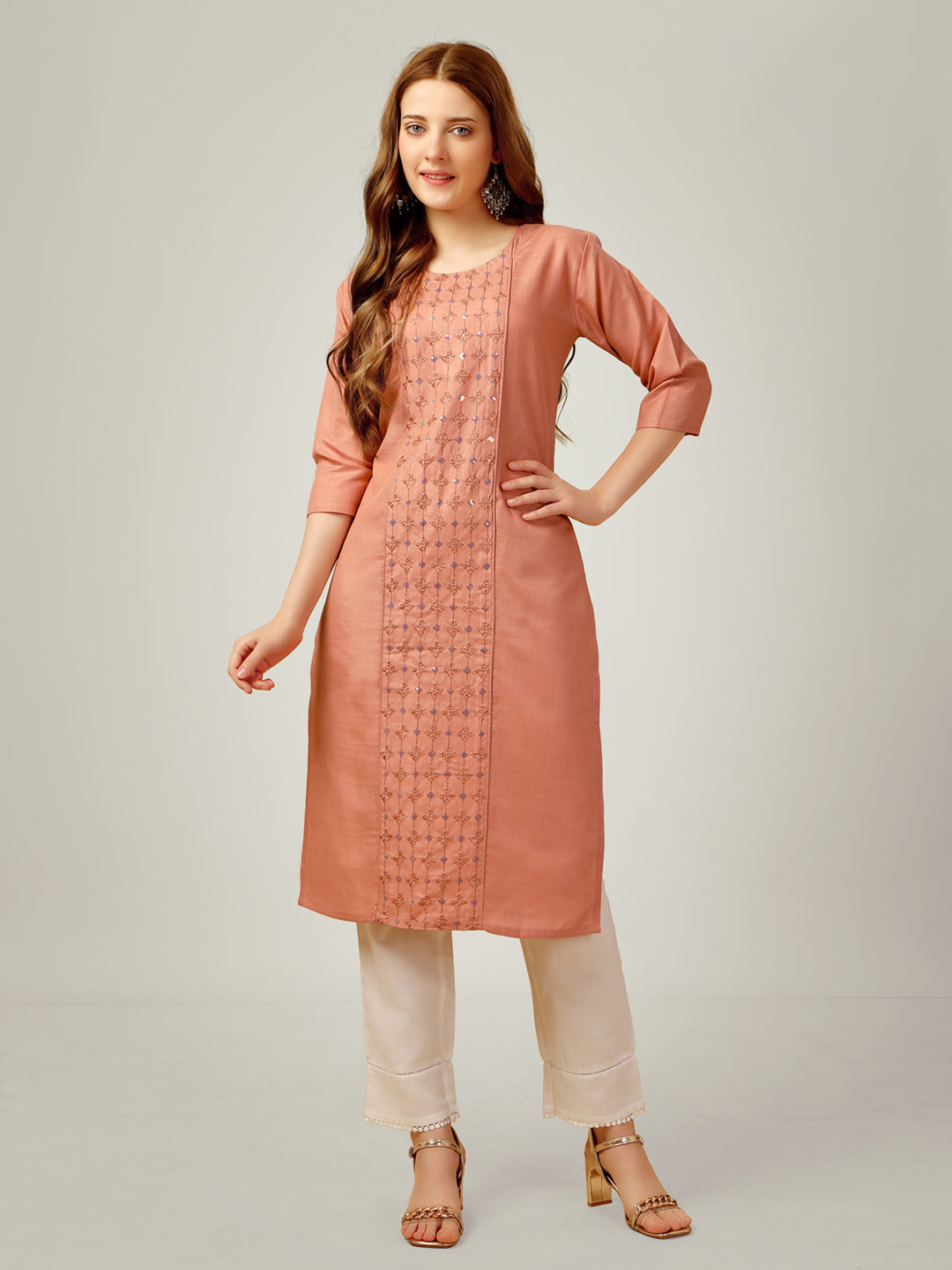 Embroidered Orange Cotton Kurti Pant Sets For Women