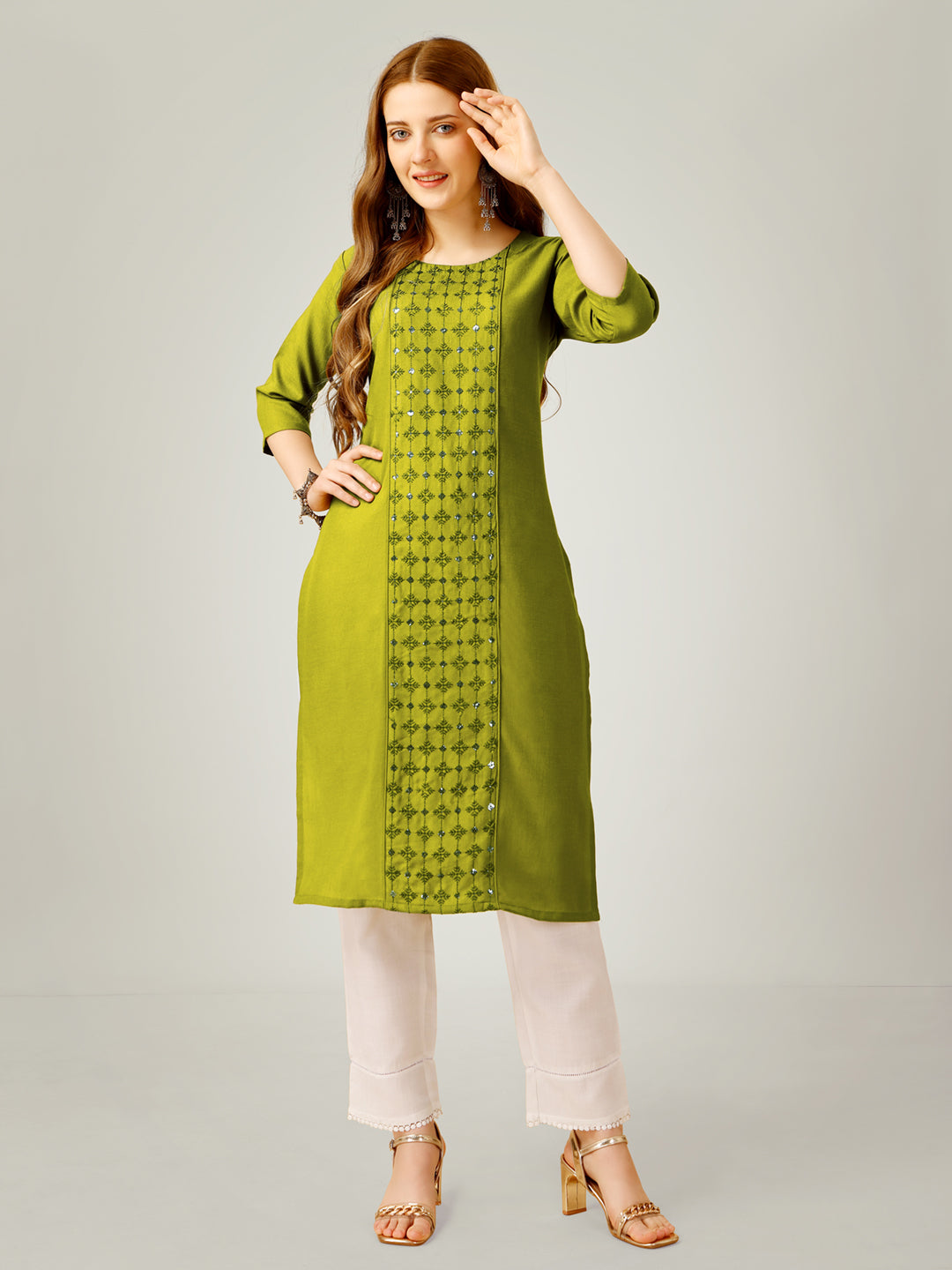 Embroidered Parrot Green Kurta Sets For Women