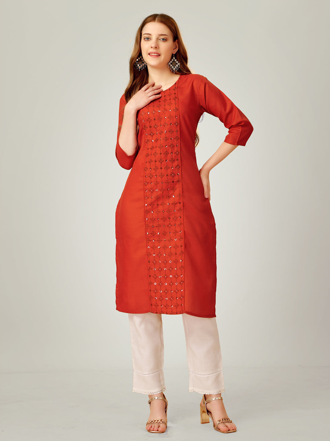 Embroidered Rust Cotton Kurta Sets For Women