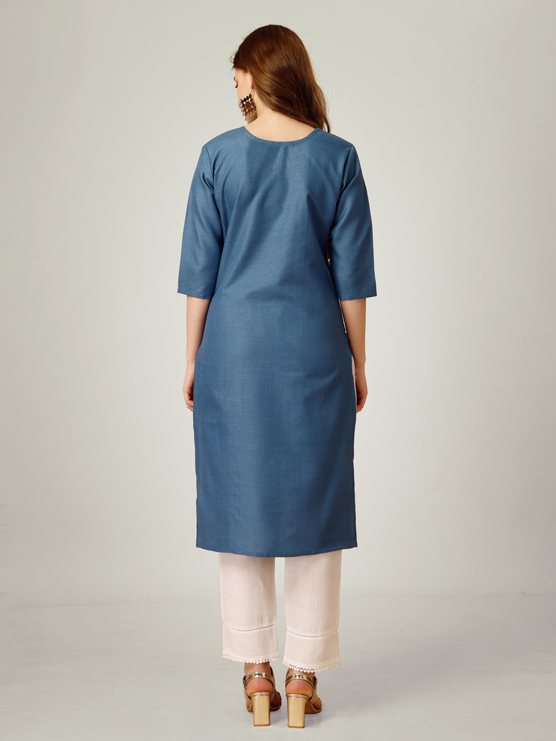 Embroidered Denim Blue Cotton Kurta Sets For Women