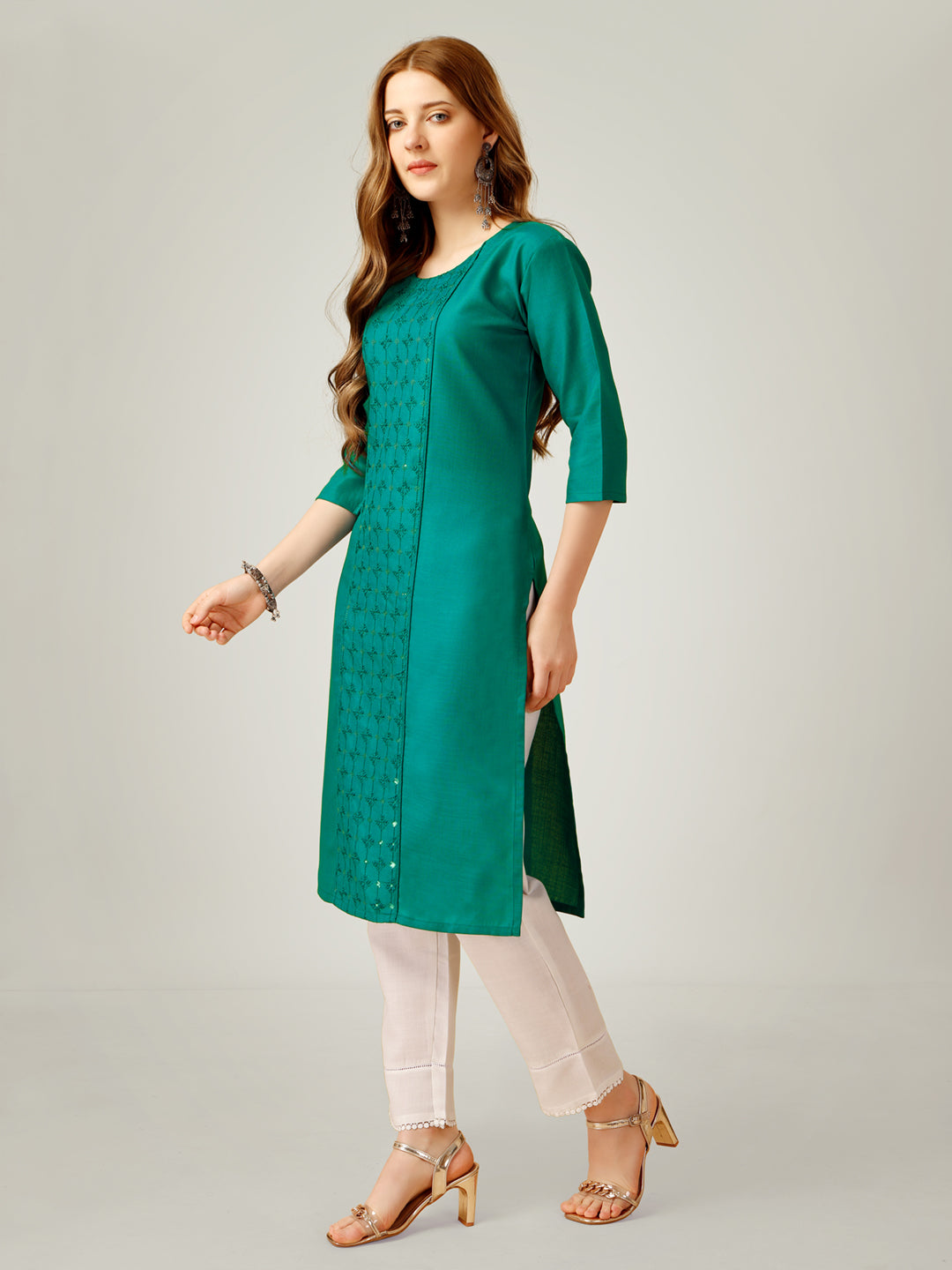 Embroidered Light Green Cotton Kurta Sets For Women