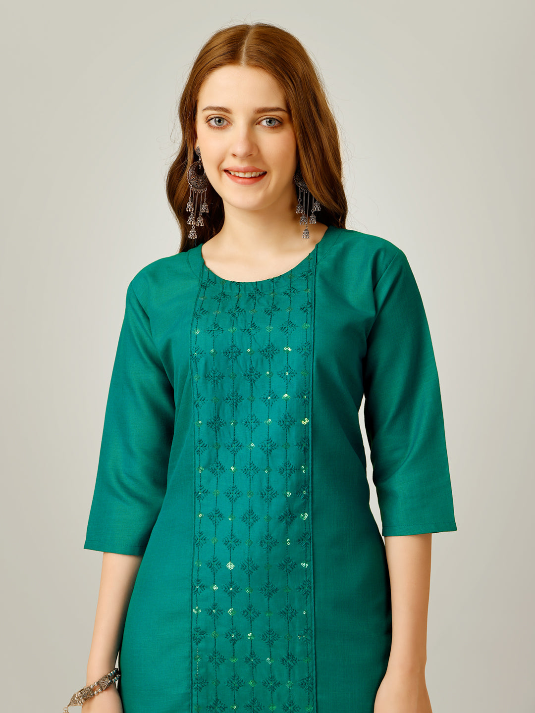 Embroidered Light Green Cotton Kurta Sets For Women