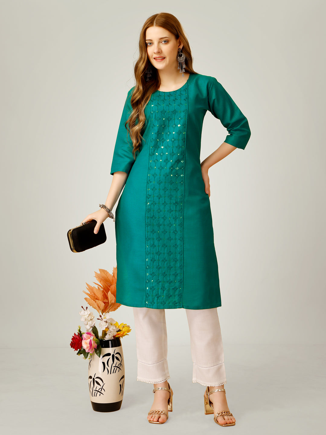 Embroidered Light Green Cotton Kurta Sets For Women