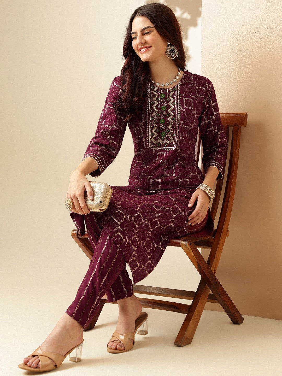 Embroidered Purple Rayon Kurta Sets For Women