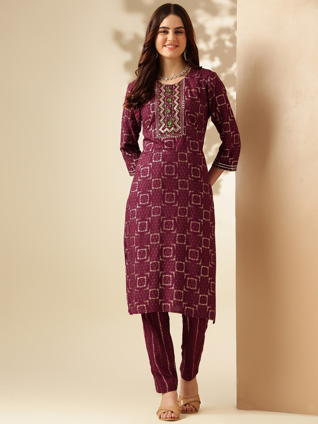 Embroidered Purple Rayon Kurta Sets For Women