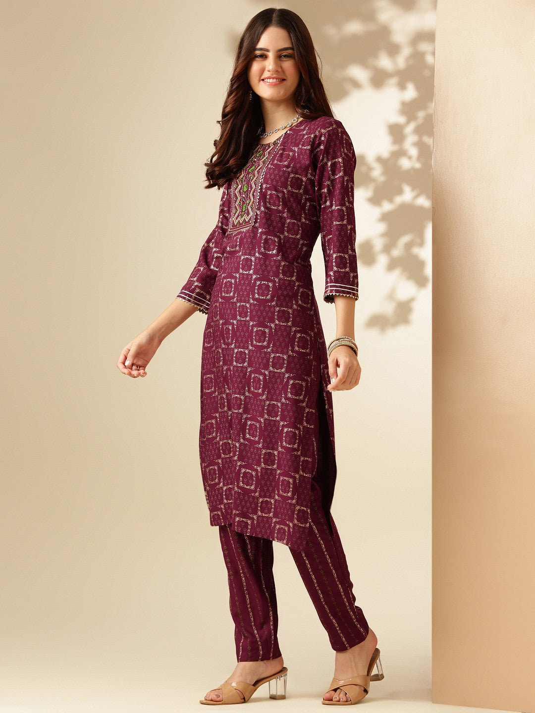 Embroidered Purple Rayon Kurta Sets For Women