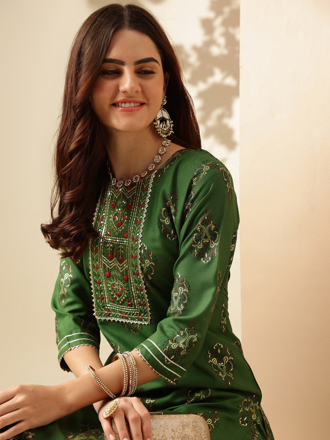 Embroidered Green Rayon Kurta Pant Sets For Women