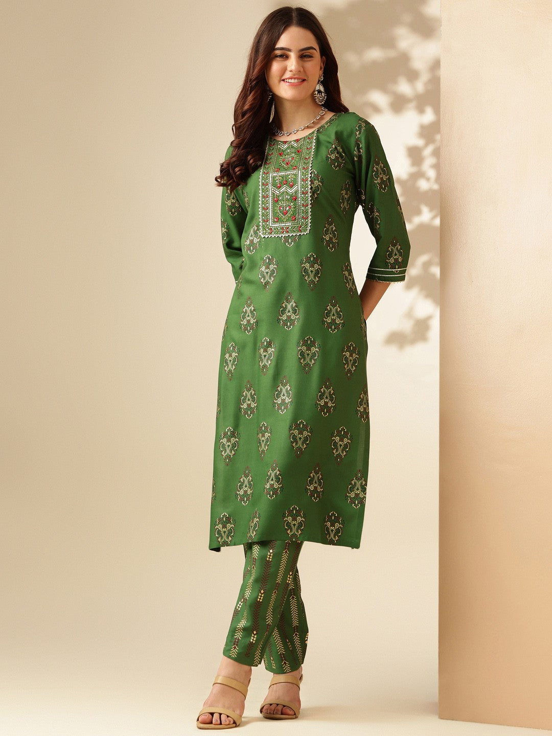 Embroidered Green Rayon Kurta Pant Sets For Women