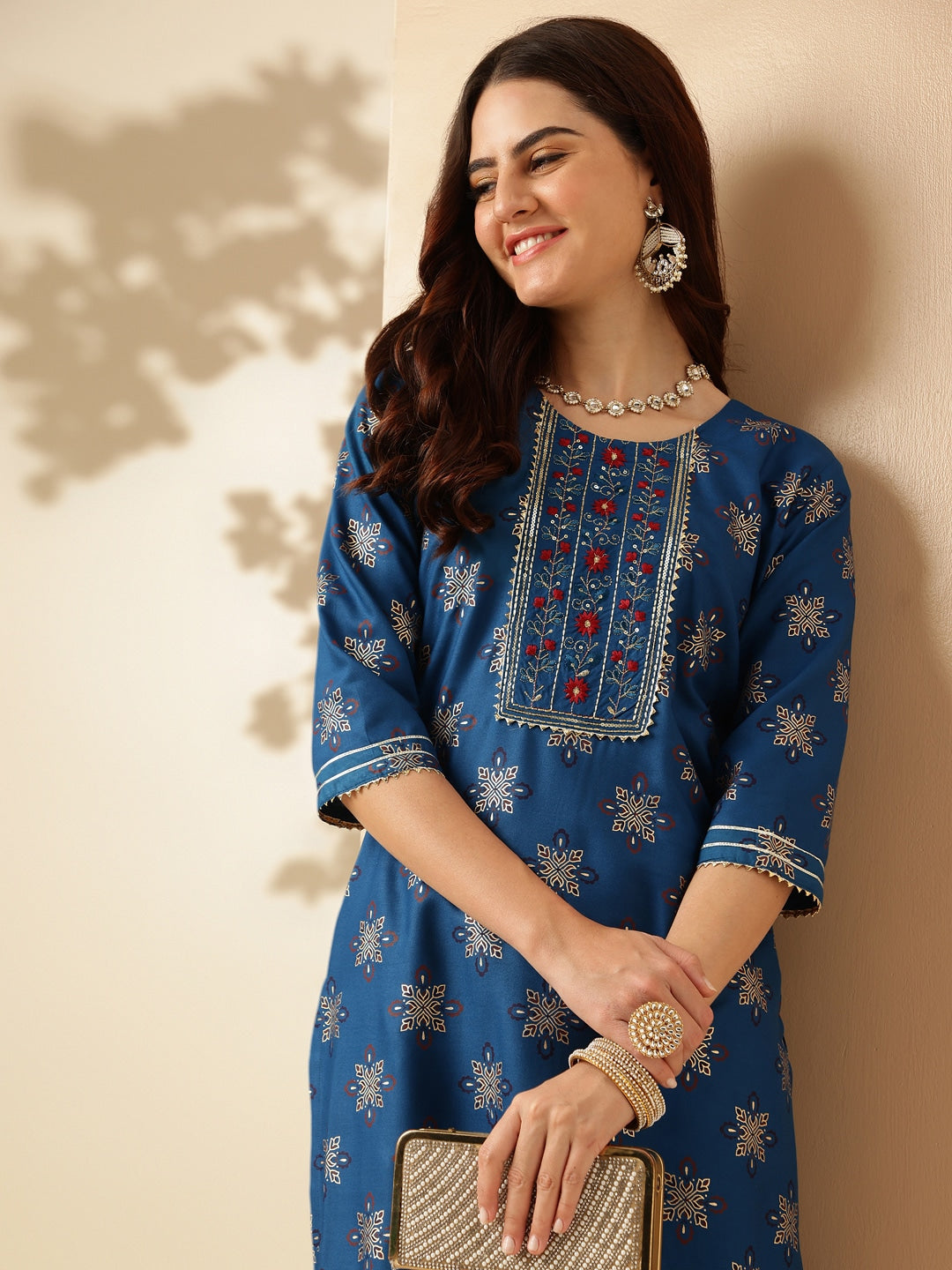 Embroidered Blue Rayon Kurta Sets For Women