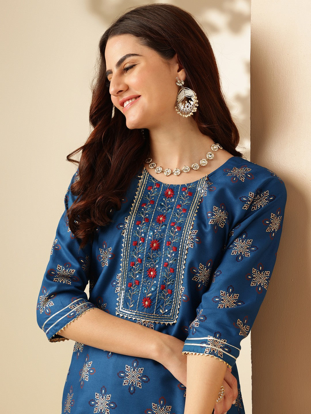 Embroidered Blue Rayon Kurta Sets For Women