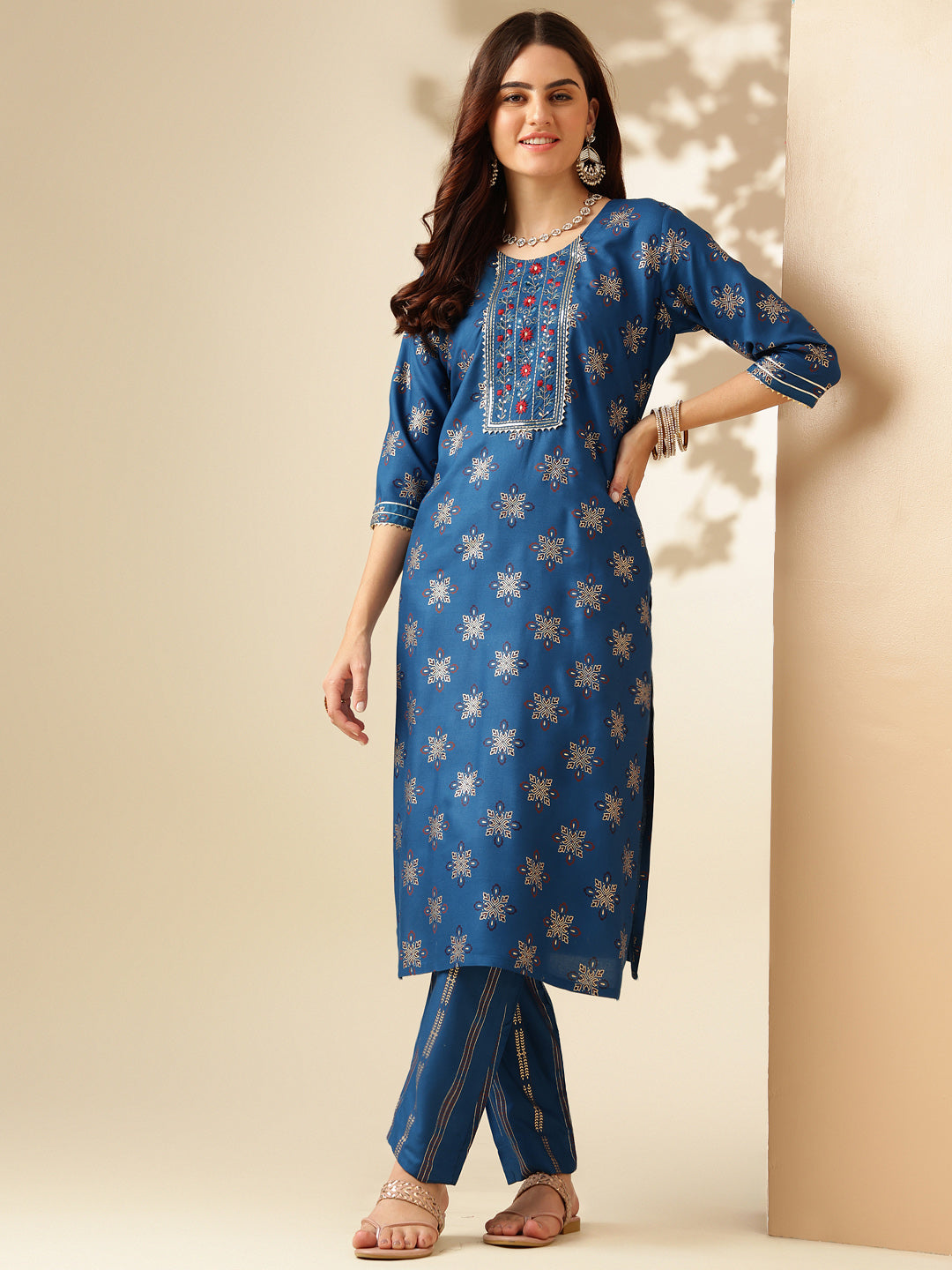 Embroidered Blue Rayon Kurta Sets For Women