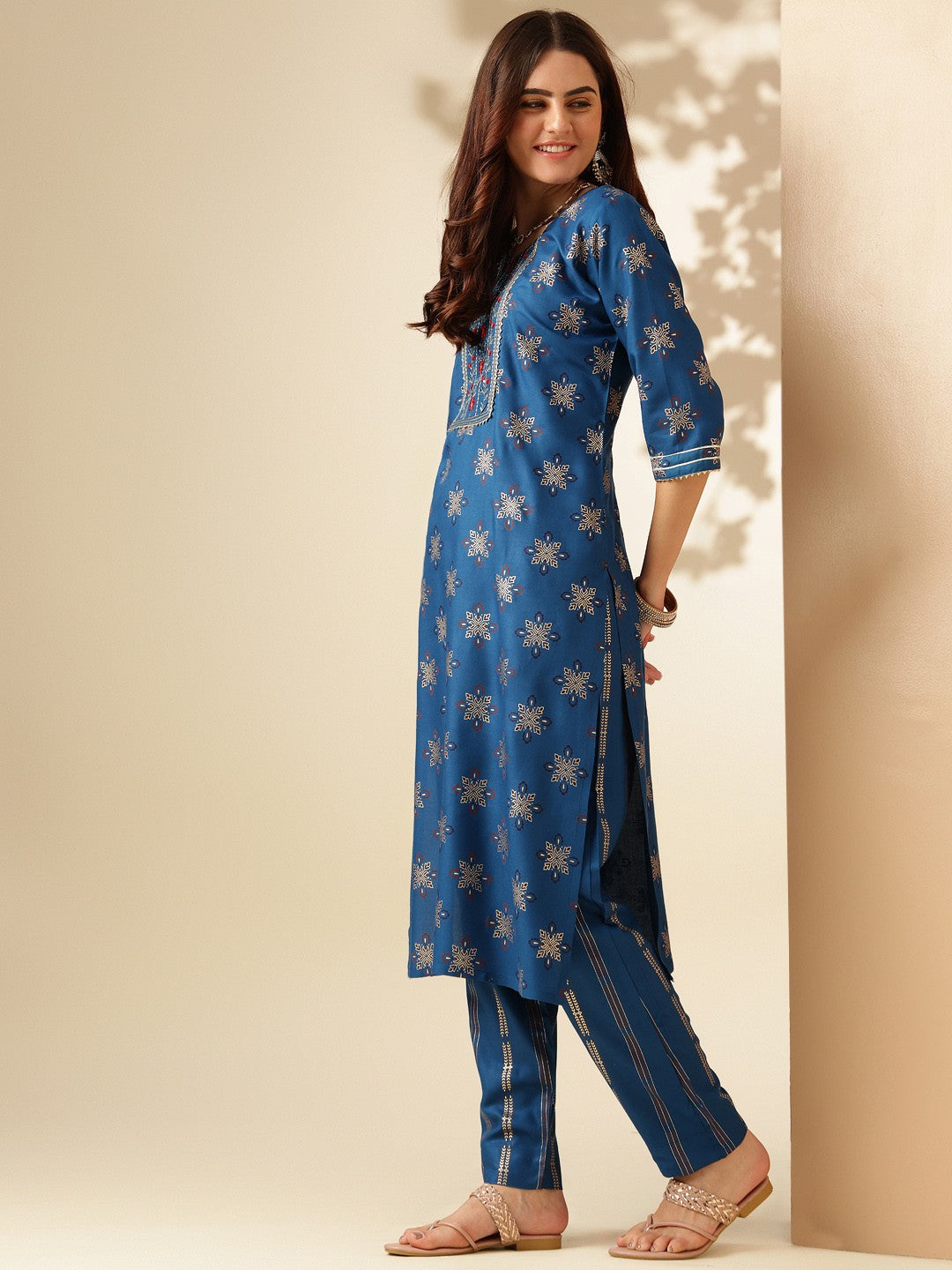 Embroidered Blue Rayon Kurta Sets For Women