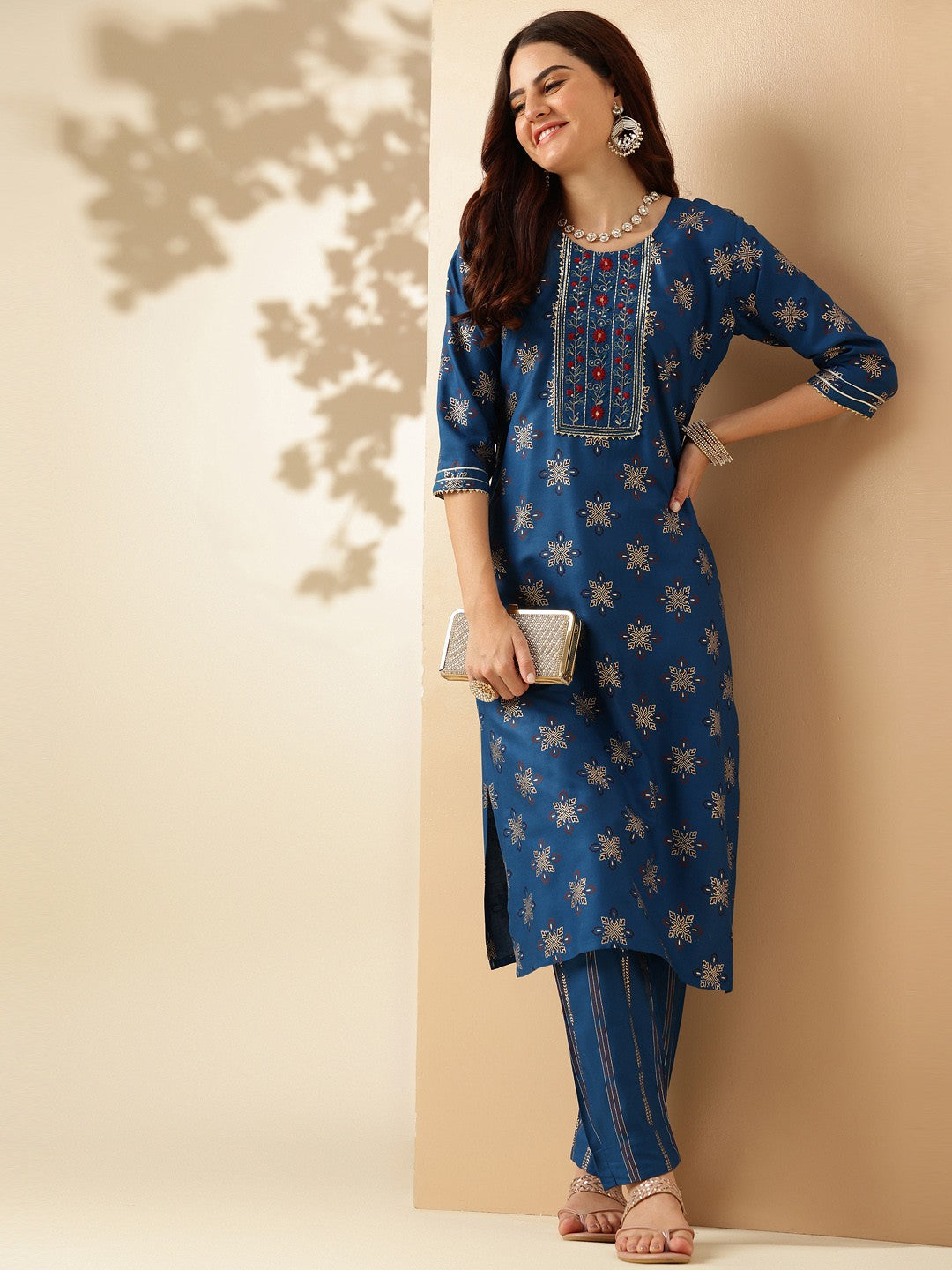 Embroidered Blue Rayon Kurta Sets For Women