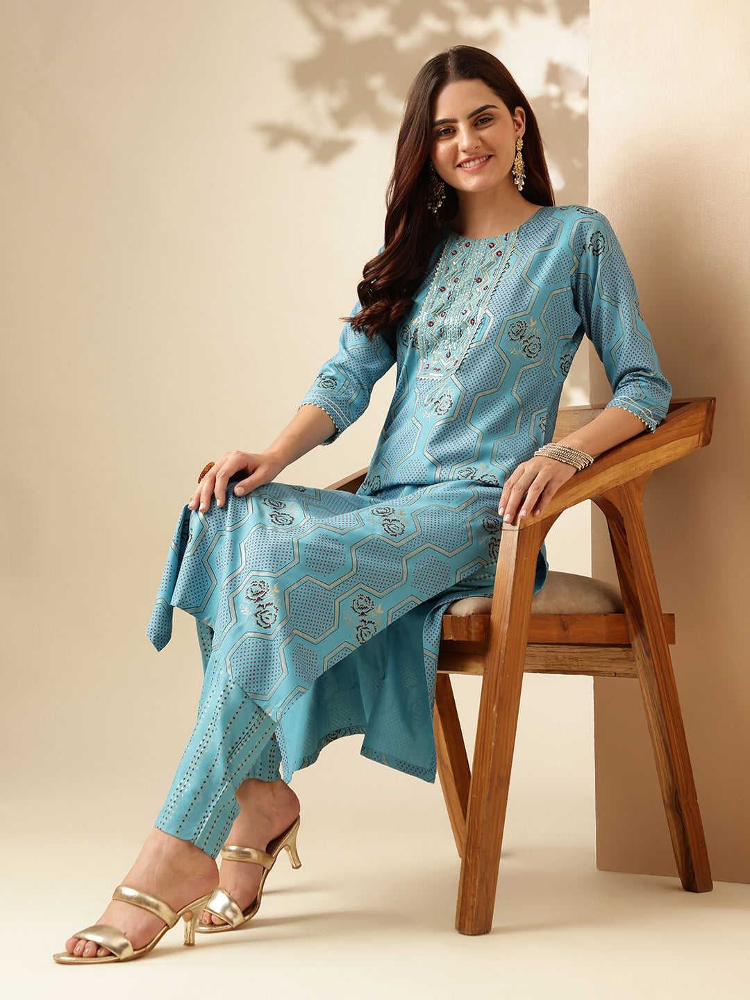 Embroidered Sky Blue Rayon Kurti Pant Sets For Women