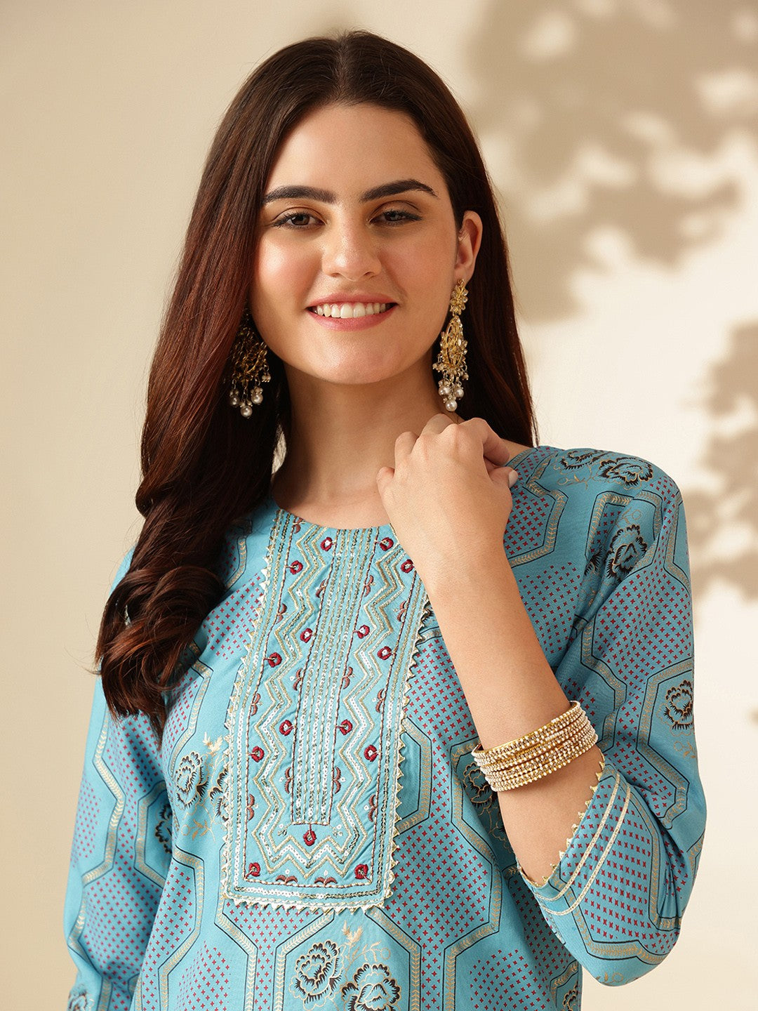 Embroidered Sky Blue Rayon Kurti Pant Sets For Women