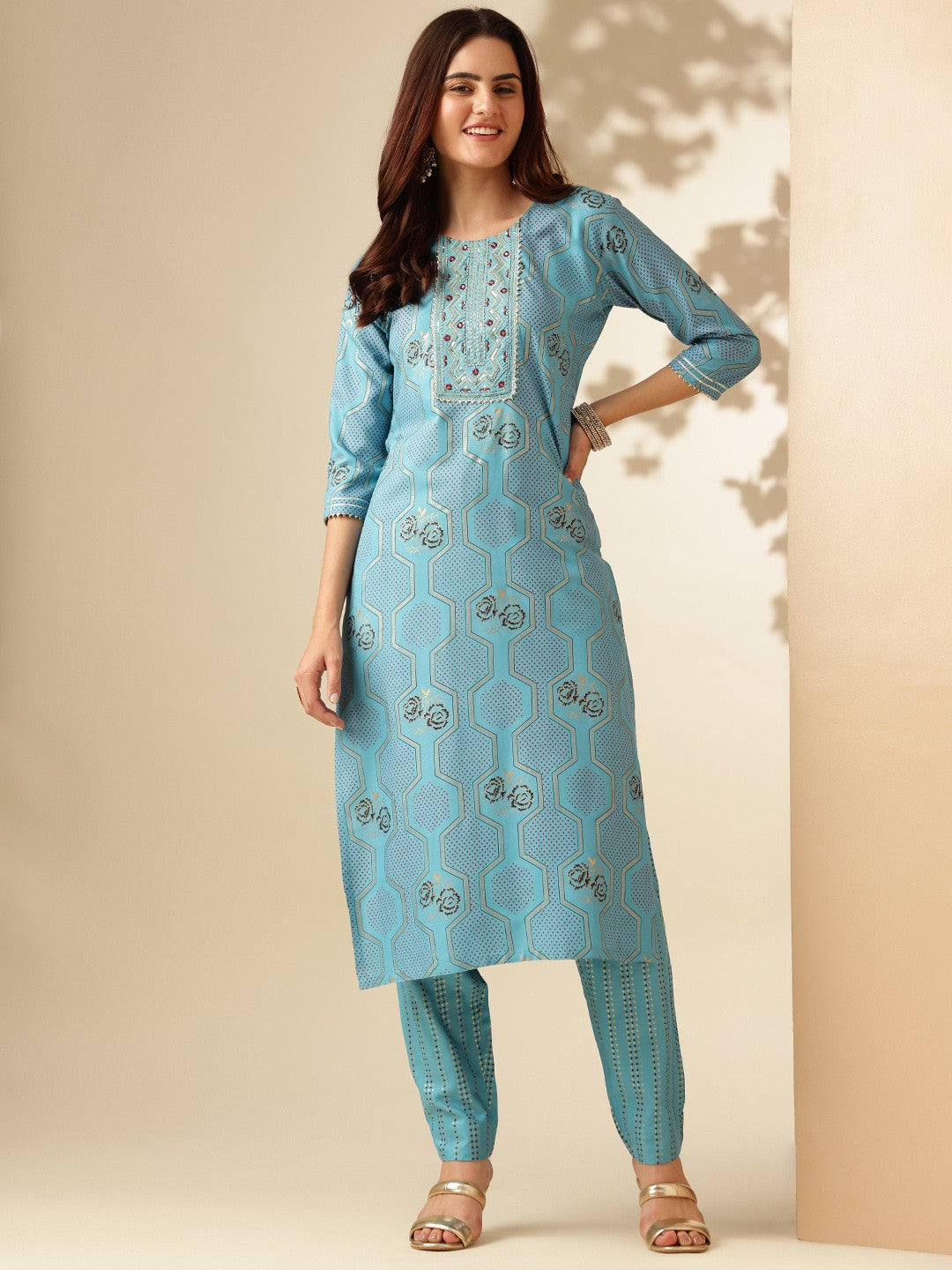 Embroidered Sky Blue Rayon Kurti Pant Sets For Women