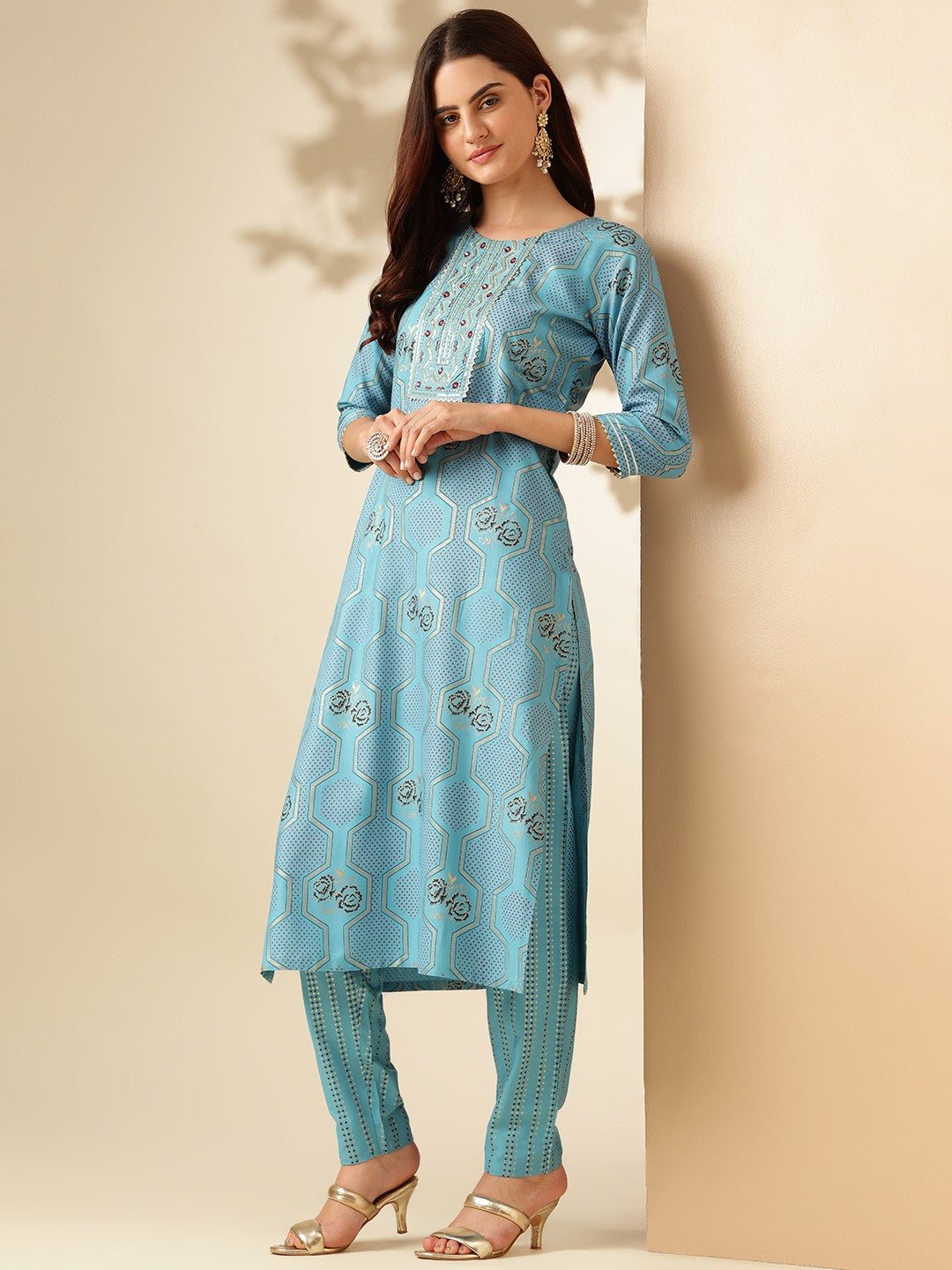 Embroidered Sky Blue Rayon Kurti Pant Sets For Women