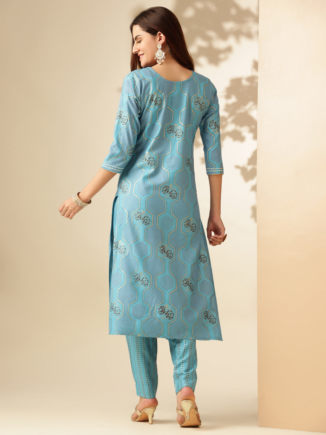 Embroidered Sky Blue Rayon Kurti Pant Sets For Women