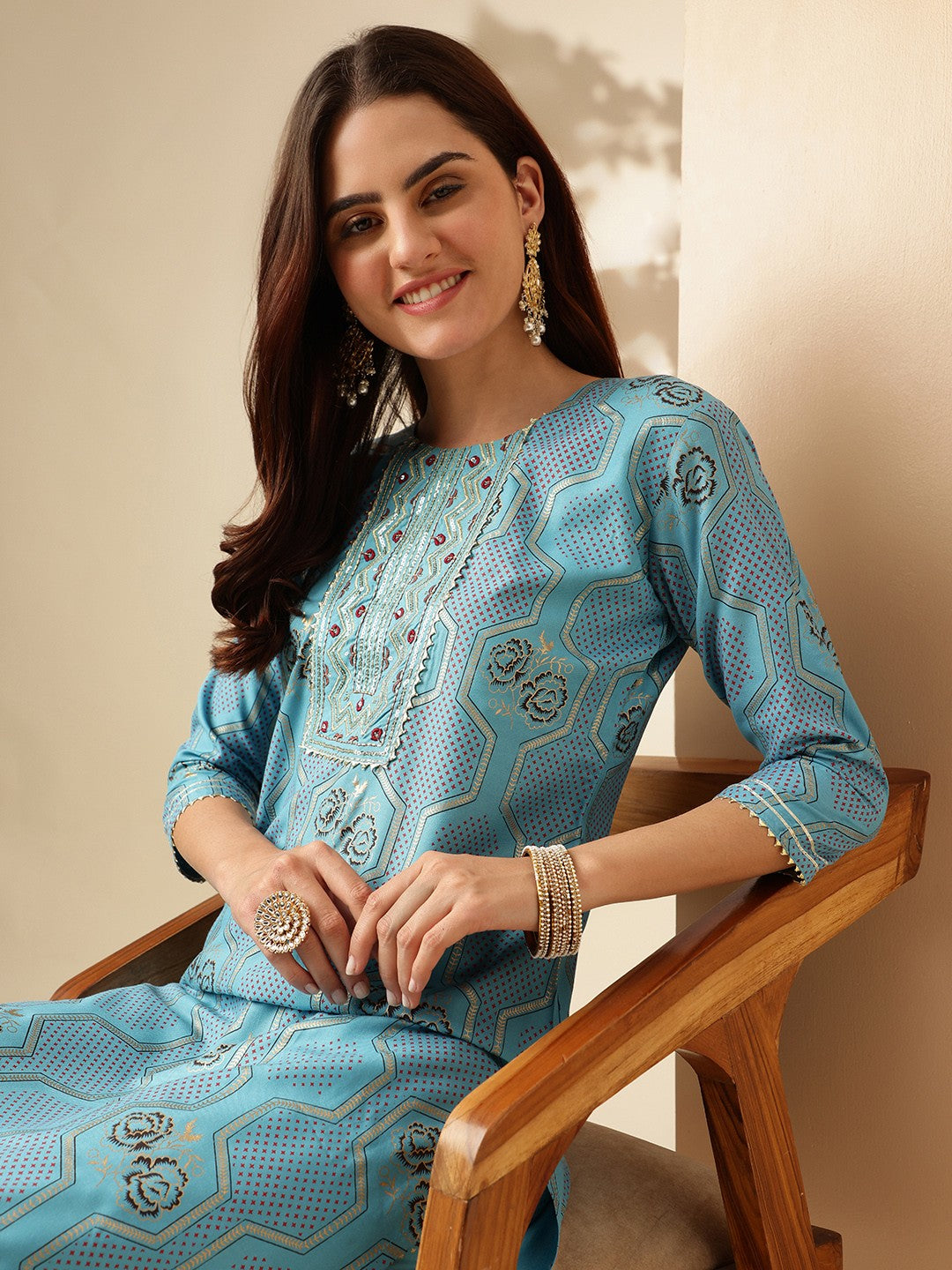 Embroidered Sky Blue Rayon Kurti Pant Sets For Women