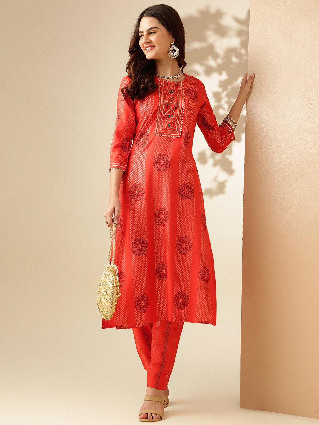 Embroidered Orange Rayon Kurta Sets For Women