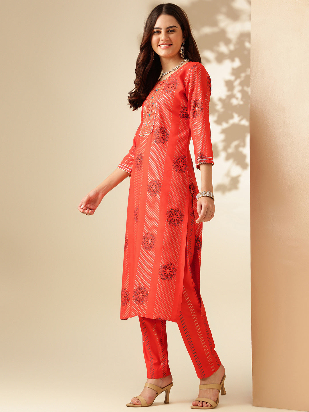 Embroidered Orange Rayon Kurta Sets For Women