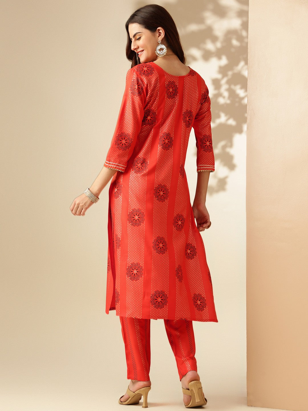 Embroidered Orange Rayon Kurta Sets For Women