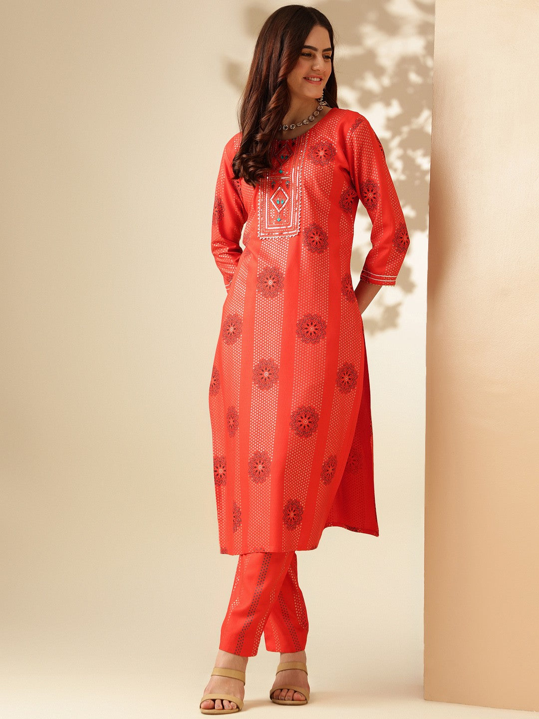 Embroidered Orange Rayon Kurta Sets For Women