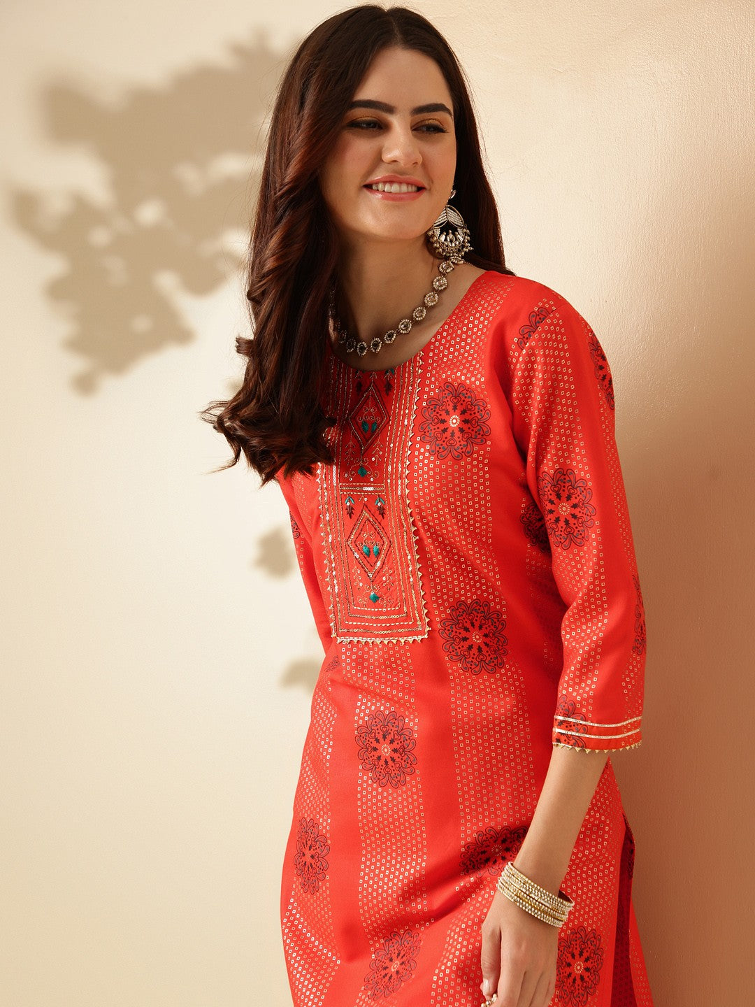 Embroidered Orange Rayon Kurta Sets For Women