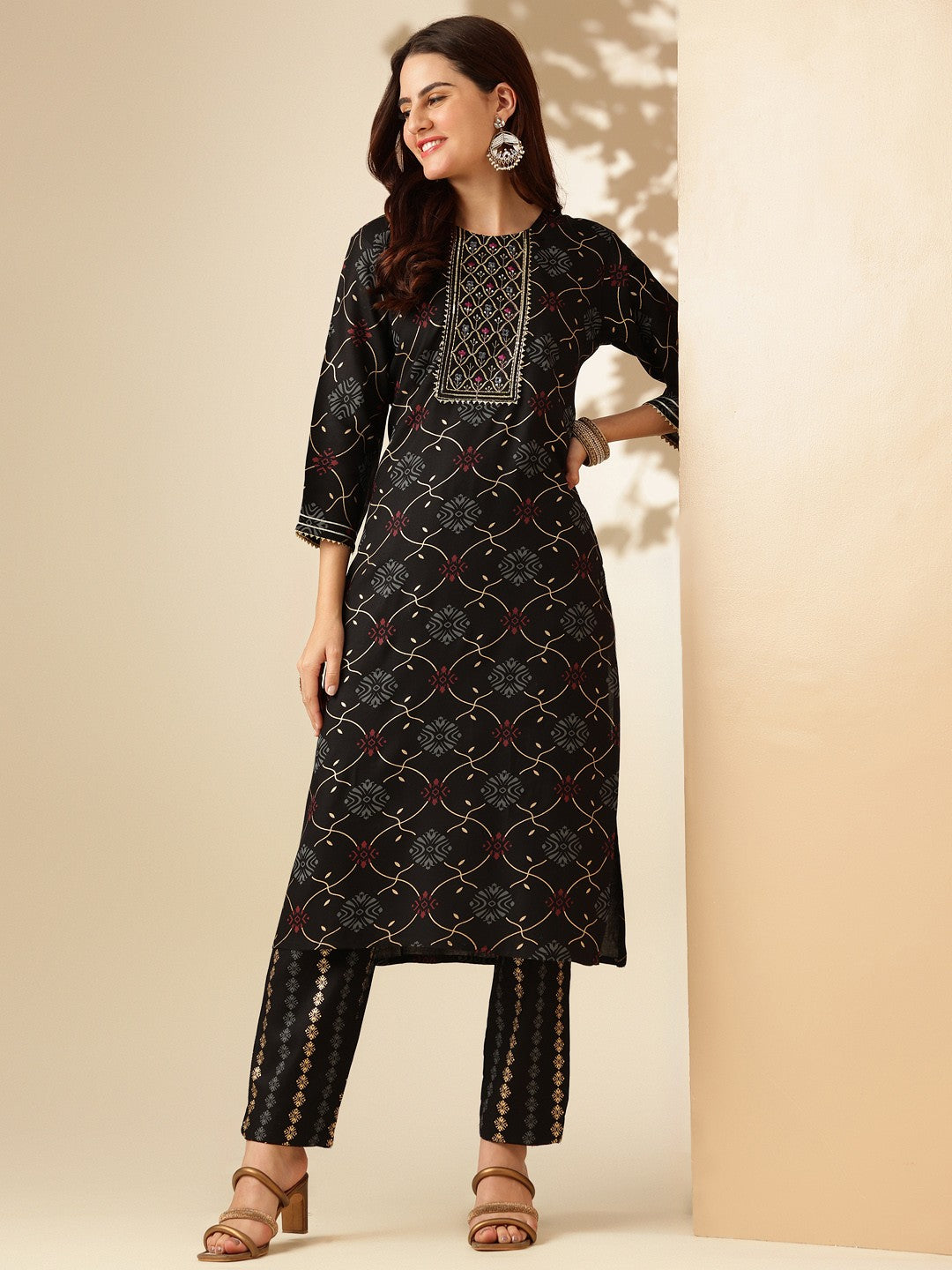 Embroidered Black Rayon Kurta Pant Sets For Women