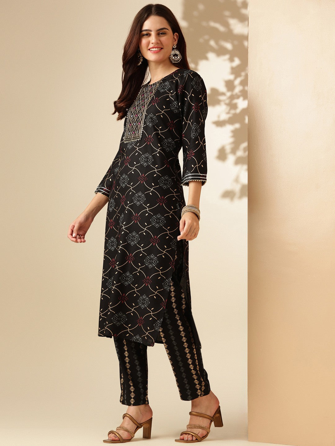 Embroidered Black Rayon Kurta Pant Sets For Women