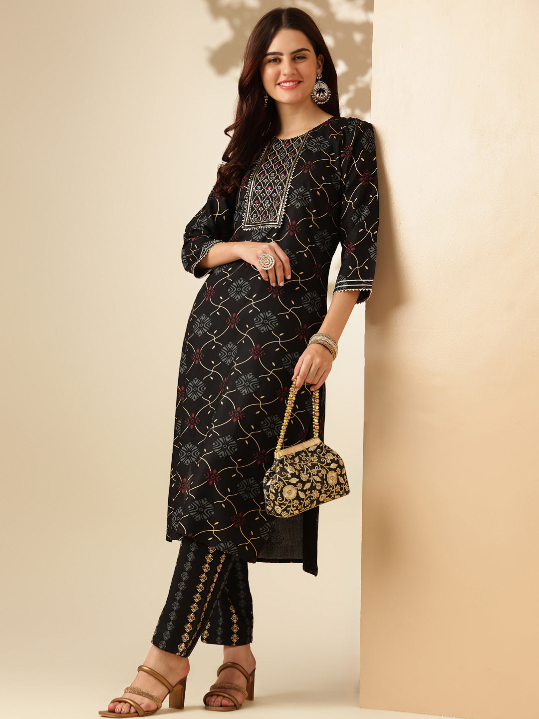 Embroidered Black Rayon Kurta Pant Sets For Women