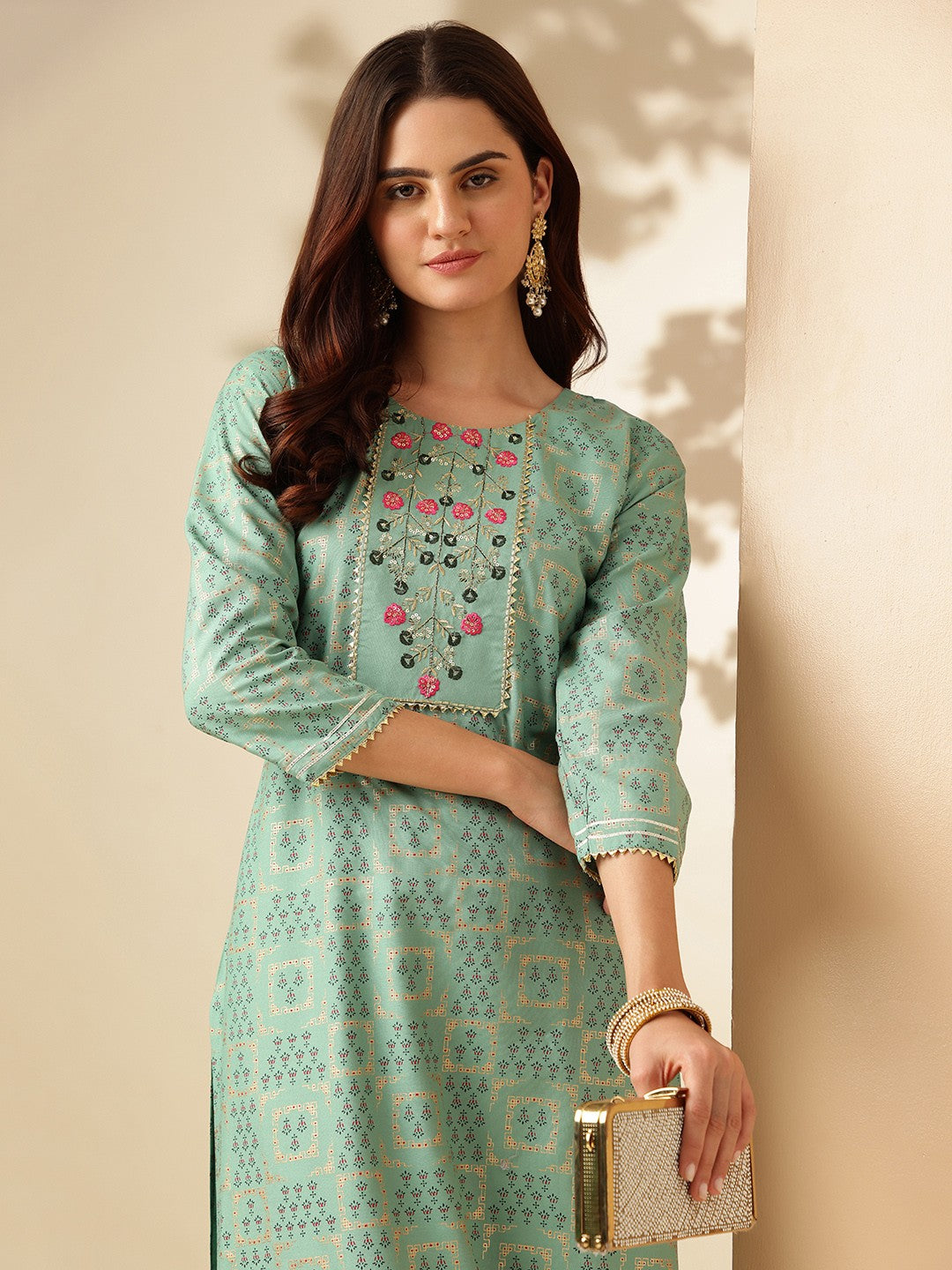 Embroidered Pista Green Rayon Kurti Pant Sets For Women