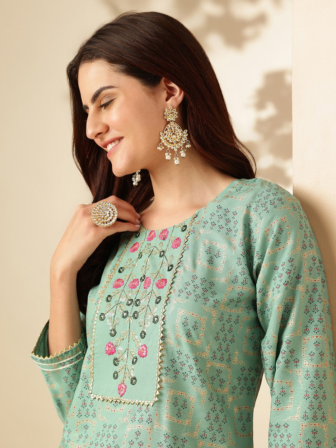 Embroidered Pista Green Rayon Kurti Pant Sets For Women