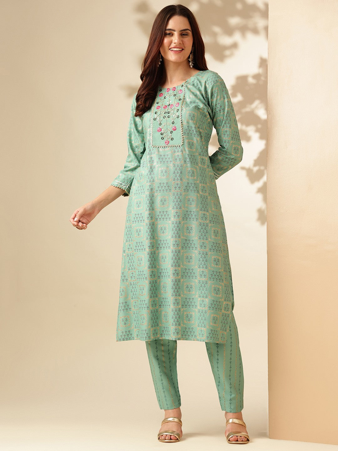 Embroidered Pista Green Rayon Kurti Pant Sets For Women