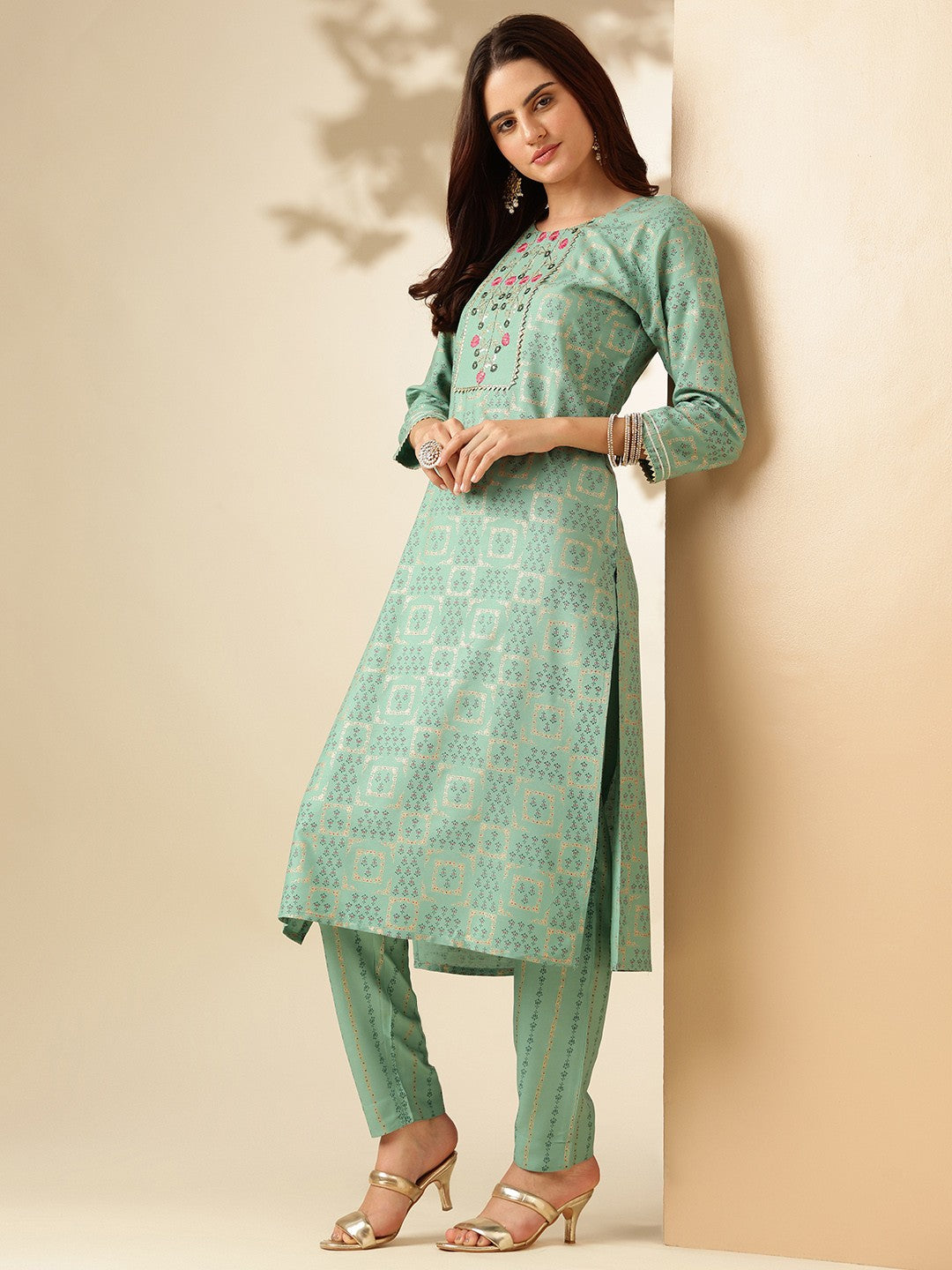 Embroidered Pista Green Rayon Kurti Pant Sets For Women