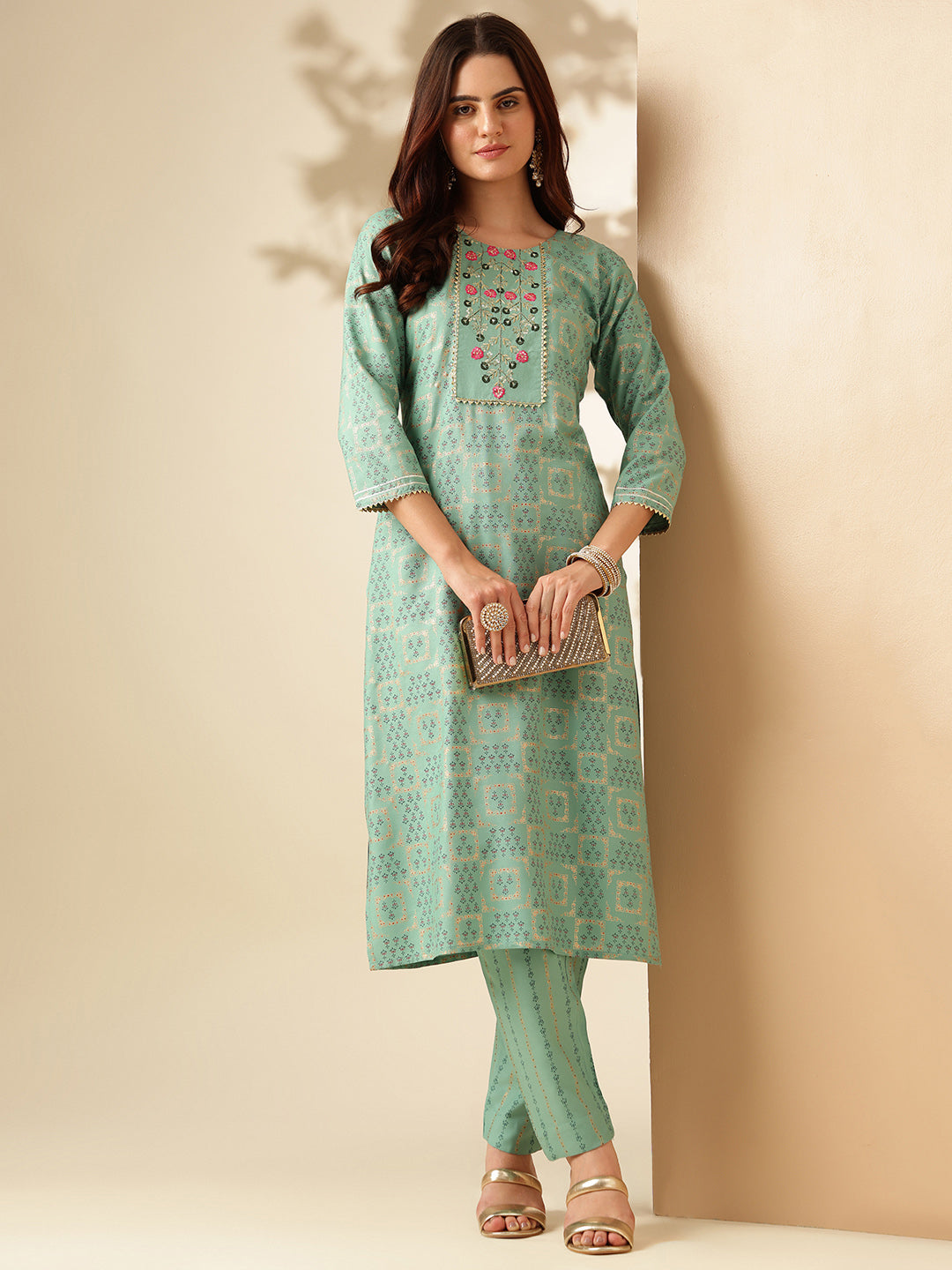 Embroidered Pista Green Rayon Kurti Pant Sets For Women